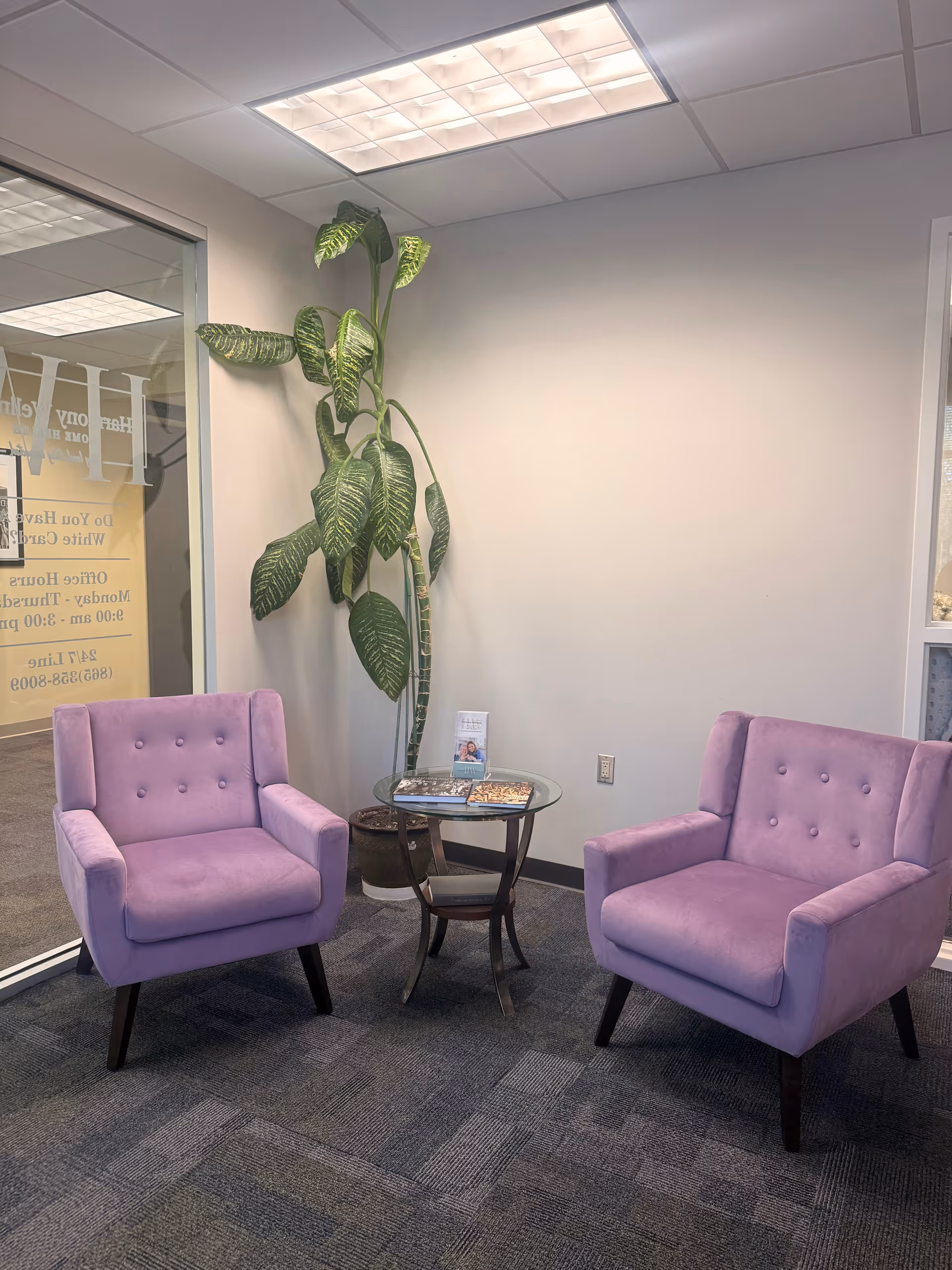 Two lavender armchairs flank a glass table beside a tall plant in a waiting area.