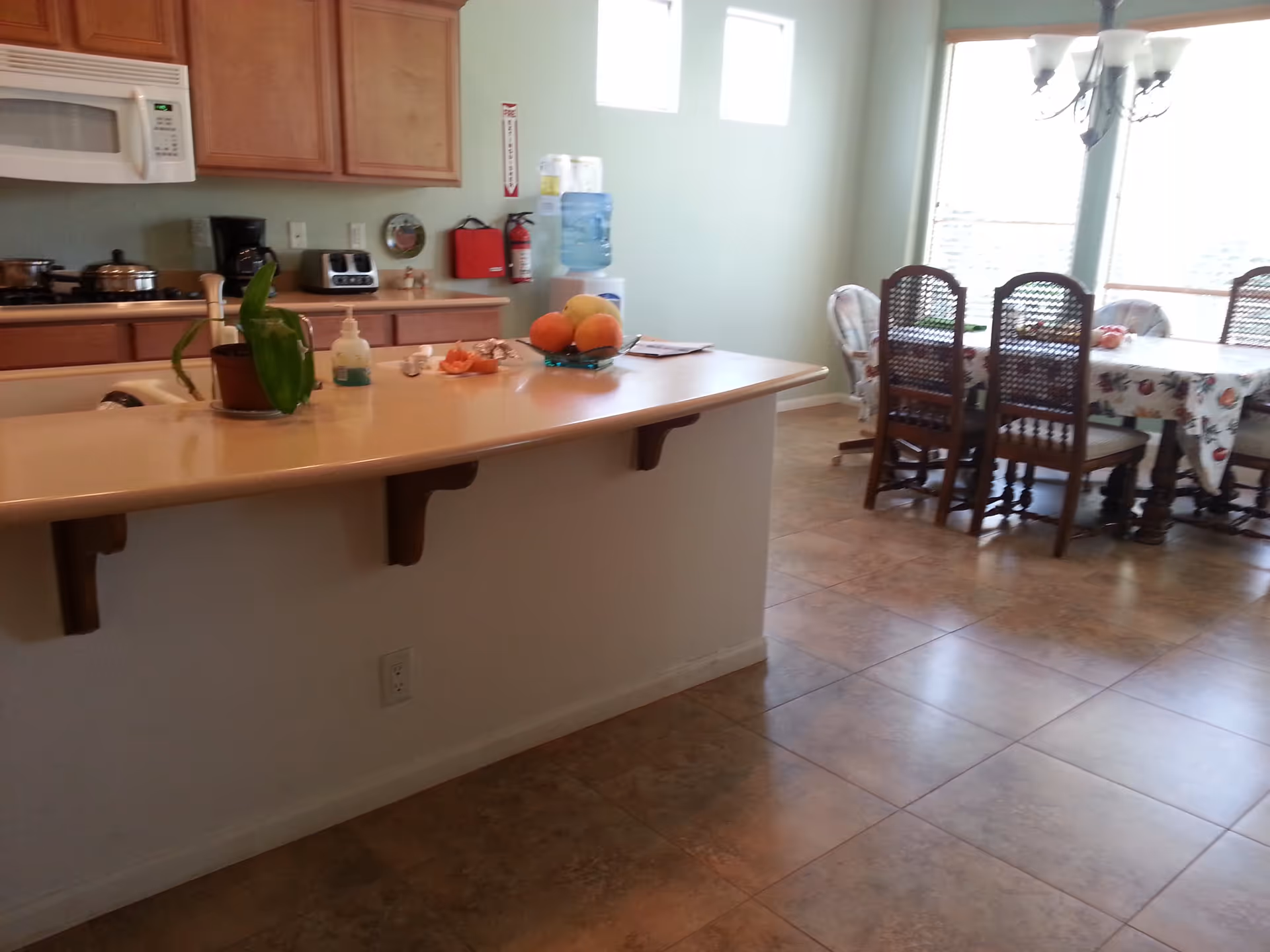 A kitchen and dining area with a countertop in the foreground holding a potted plant, soap dispenser, and a bowl of fruit. The kitchen has wooden cabinets, a microwave, toaster, coffee maker, and a water dispenser. The dining area has a table covered with a floral tablecloth and several wooden chairs with woven backs, next to large windows letting in natural light.