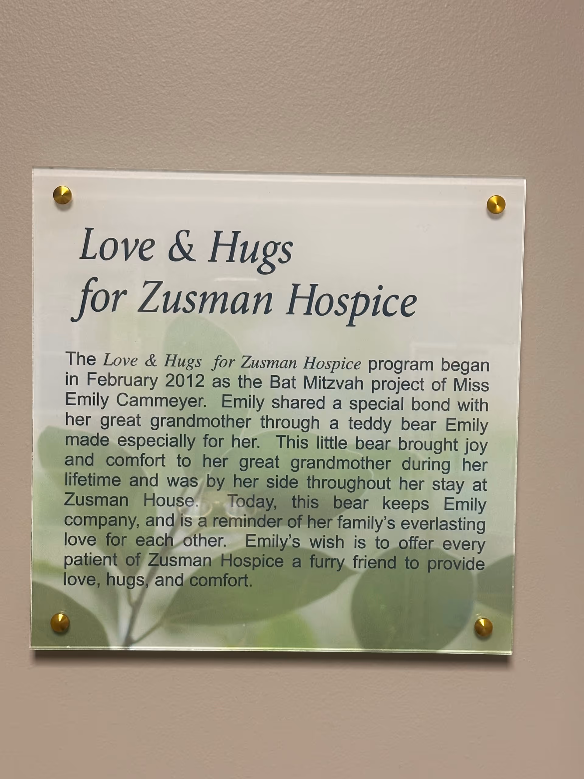 Glass plaque on a beige wall reads 'Love & Hugs for Zusman Hospice'.