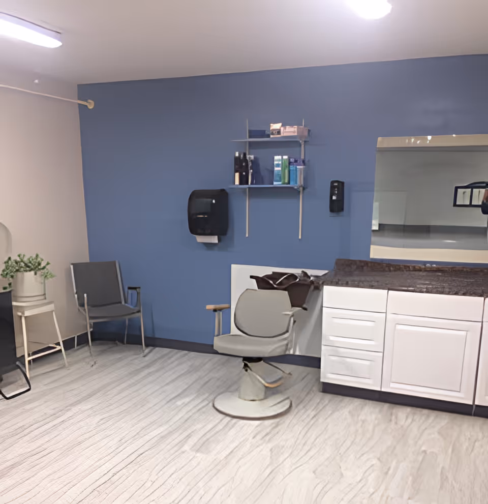 Interior of a salon or grooming area with a vintage barber chair in front of a counter with white cabinets and a large mirror. The wall behind is painted blue and has shelves with hair care products and a black paper towel dispenser. There are two gray chairs and a small white table with a potted plant on the left side.
