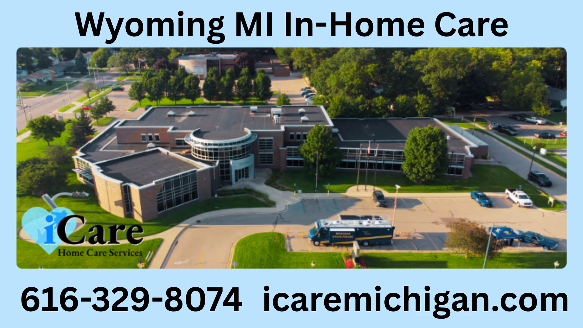 Aerial view of iCare Home Care Services facility with parking and surrounding trees.