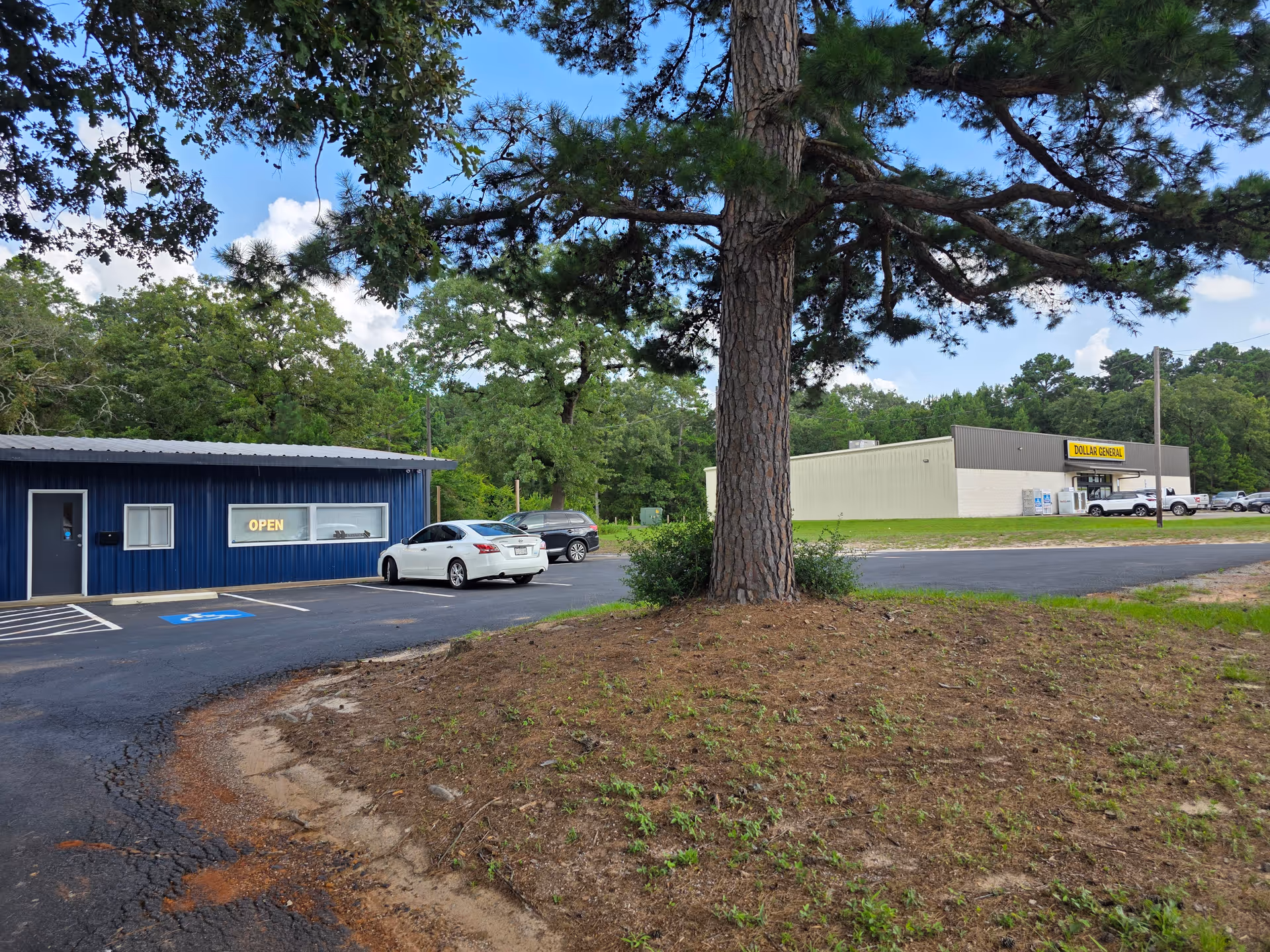 Blue single-story building with an open sign, parking lot, and large tree foreground.