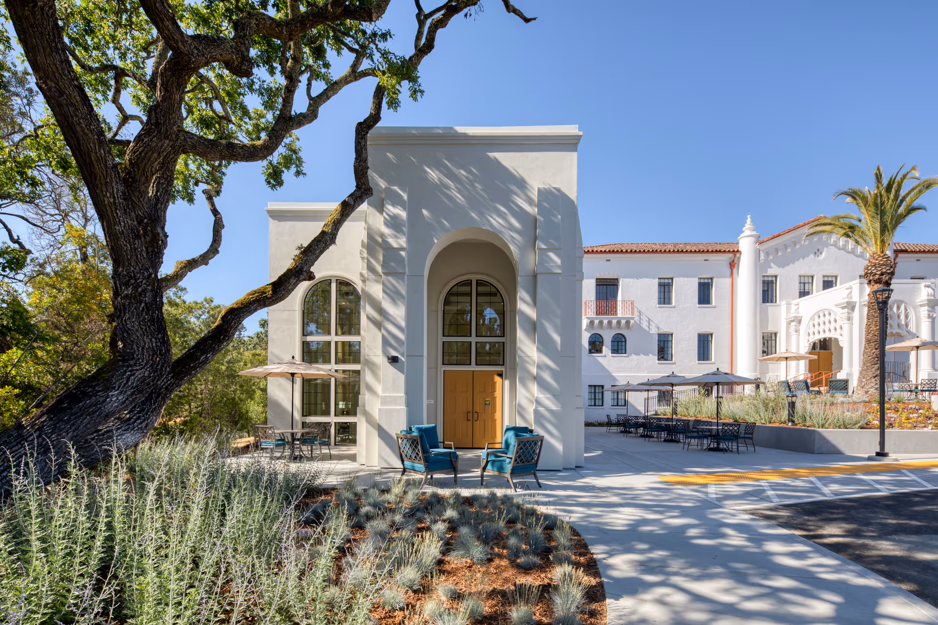 Outdoor view of The Bluffs at Hamilton Hill facility showing a white building with large arched windows and a central entrance with double doors. There are several patio tables with umbrellas and chairs arranged on the paved area in front of the building. A large tree and landscaped plants are visible in the foreground under a clear blue sky.