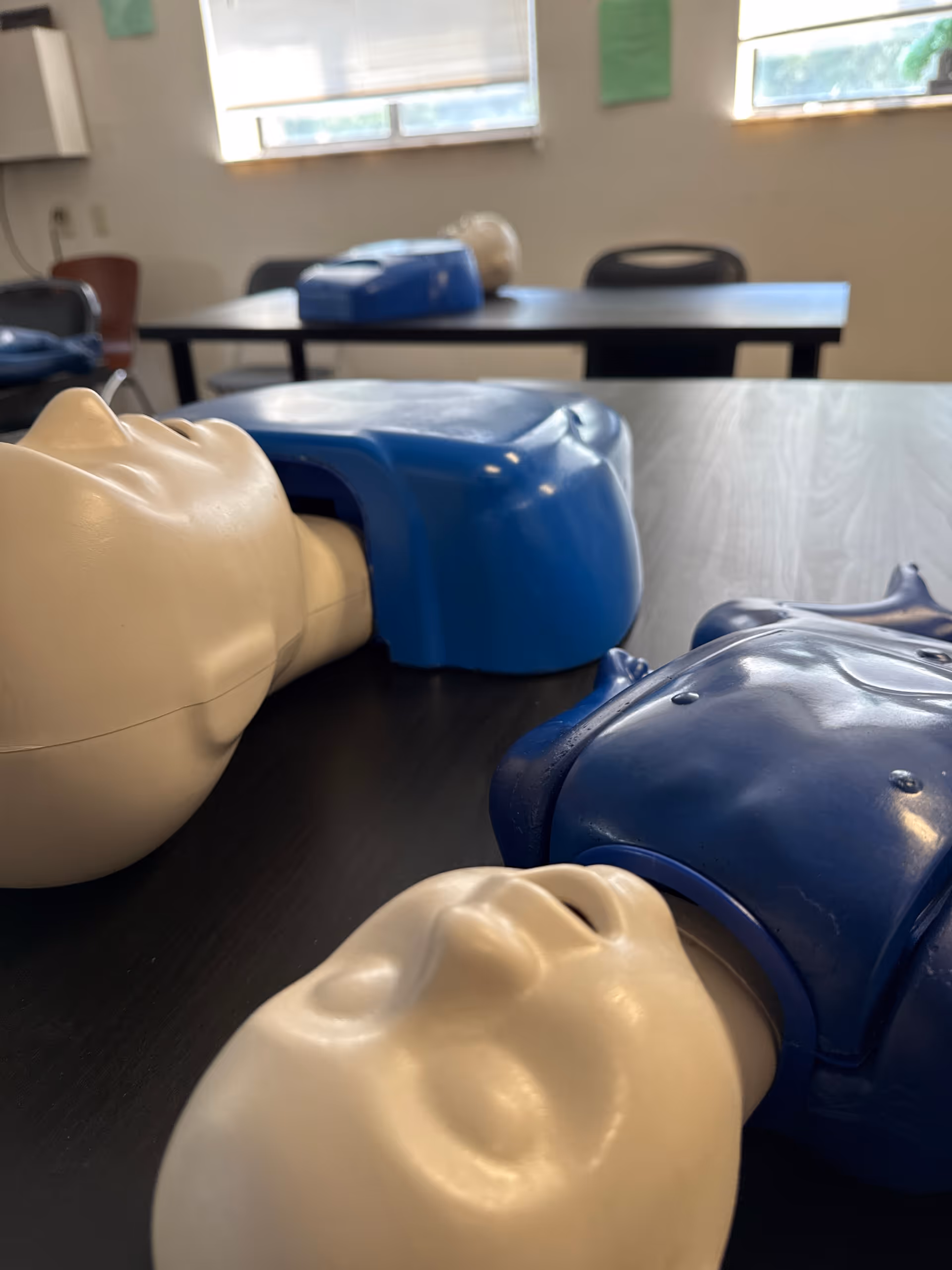 CPR training mannequins on a table in a classroom at a training facility.