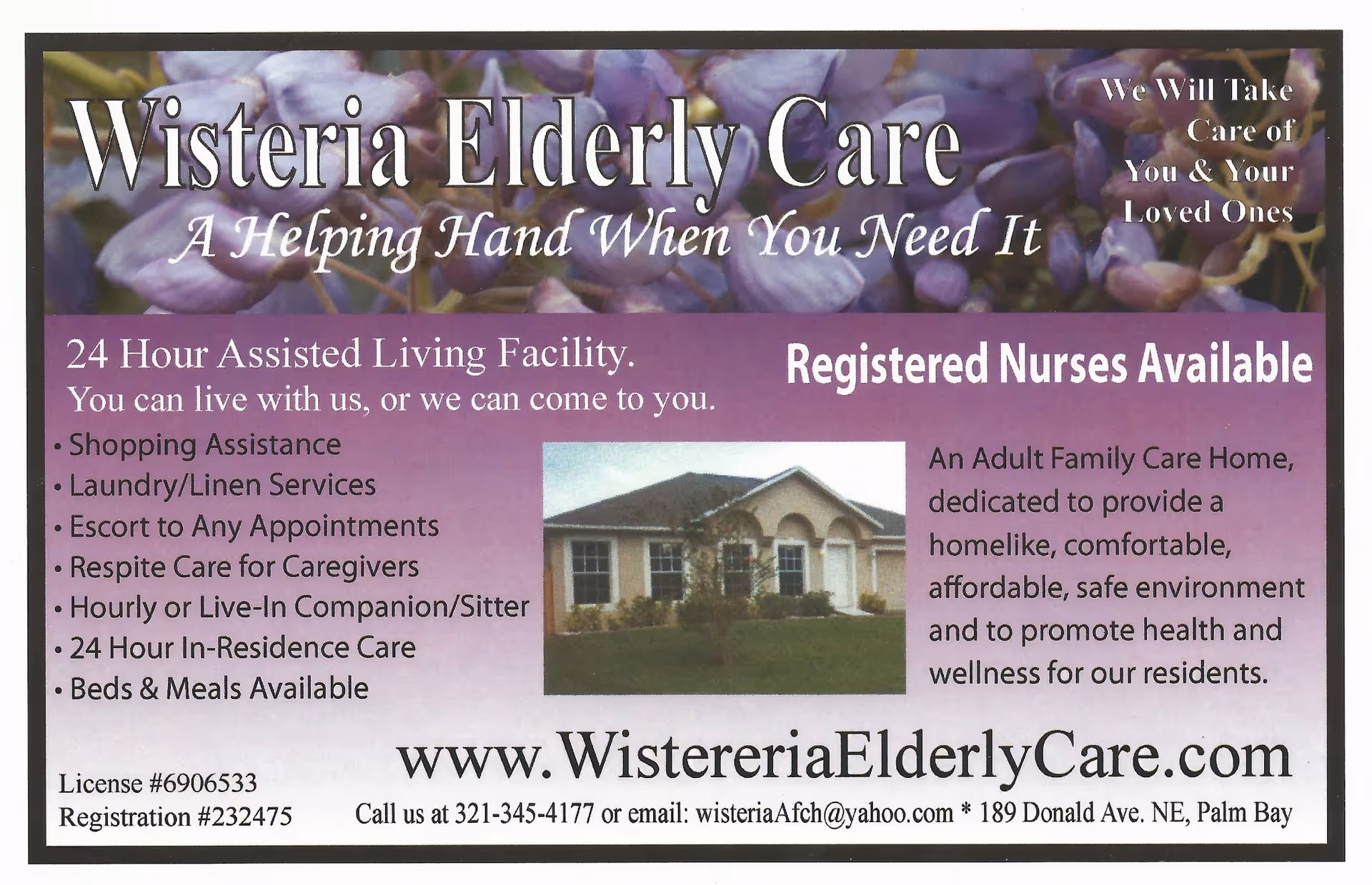Advertisement flyer for Wisteria Elderly Care with a building photo and purple flowers.