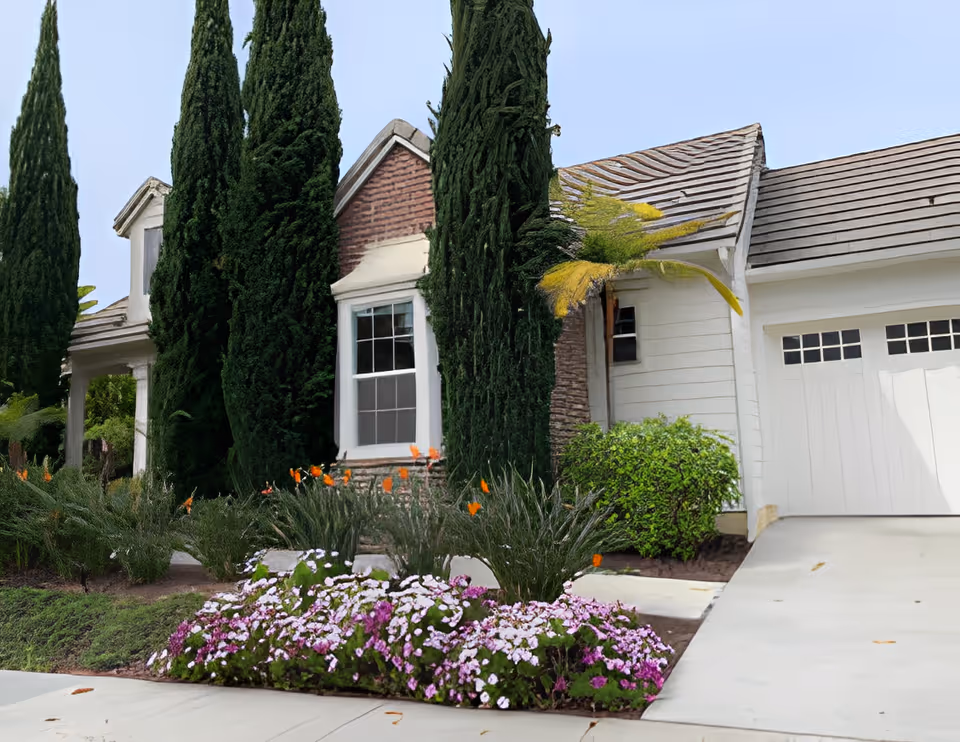 Front exterior of a house showing tall cypress trees, a flower bed, and a garage door.