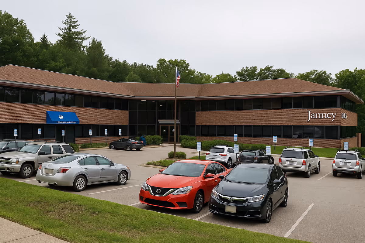 Single-story brick facility with parking lot, flagpole, and surrounding trees.