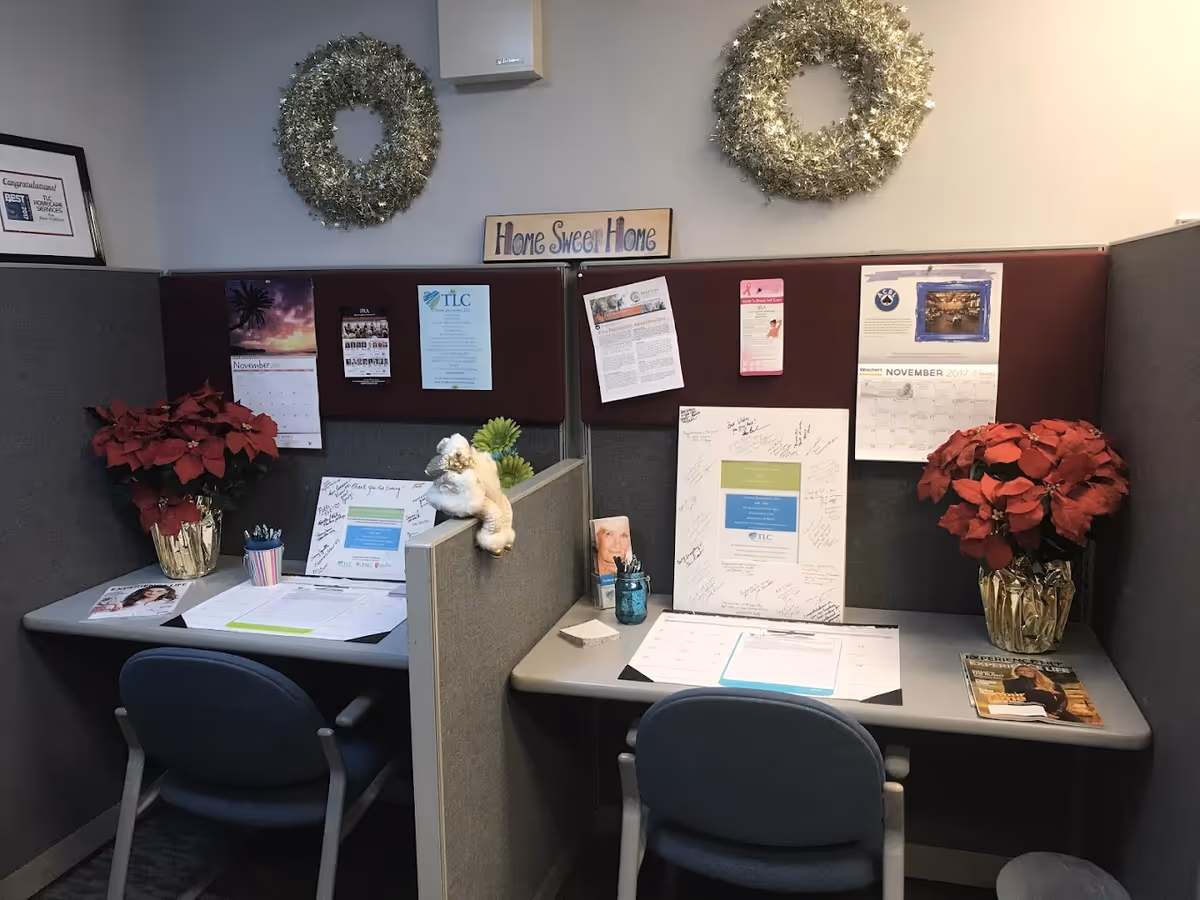 Two cubicle desks with notices, festive wreaths, and potted poinsettias in an office.