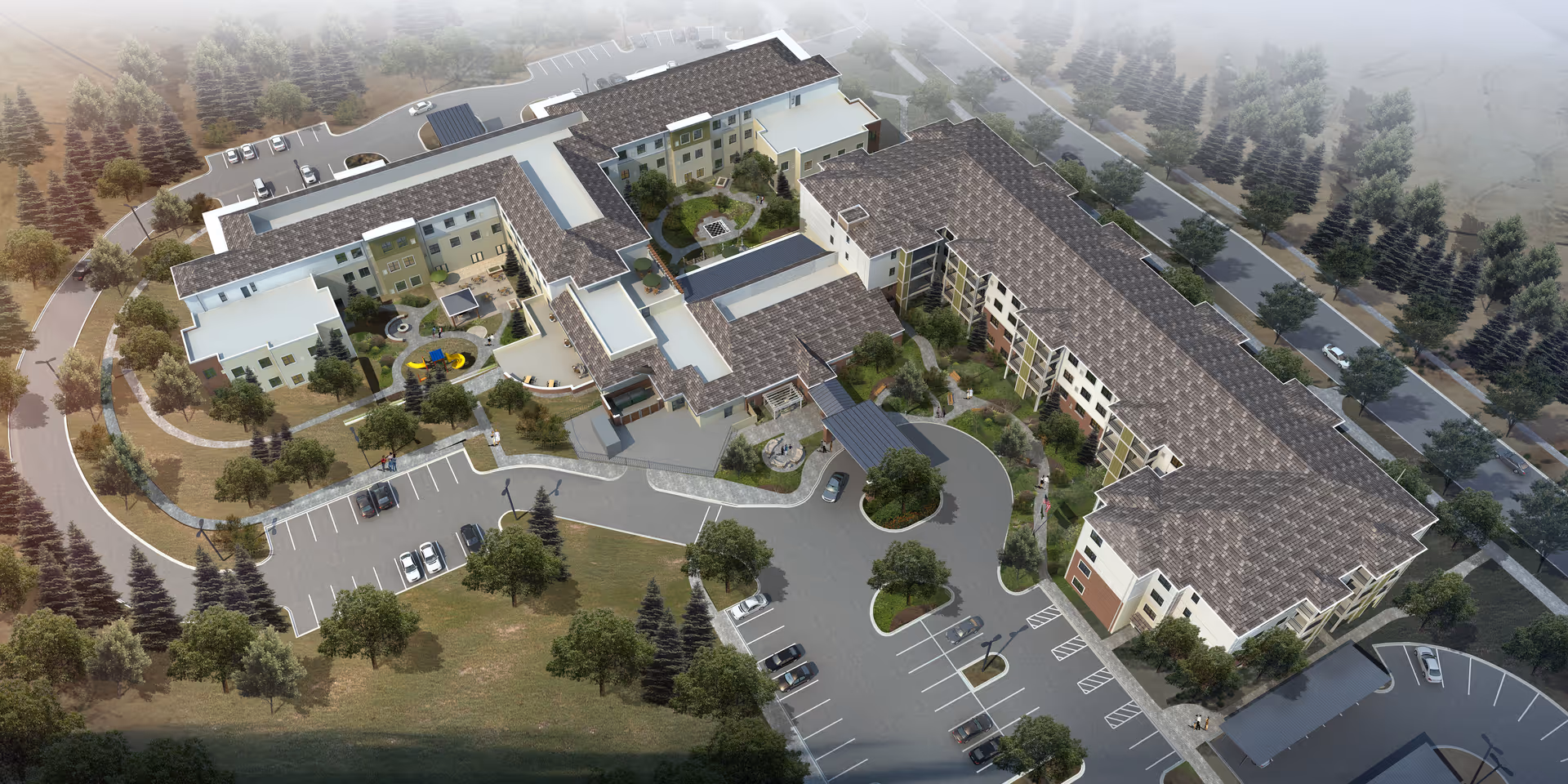 Aerial rendering of Melody Living Independent Living campus with connected beige buildings and parking.