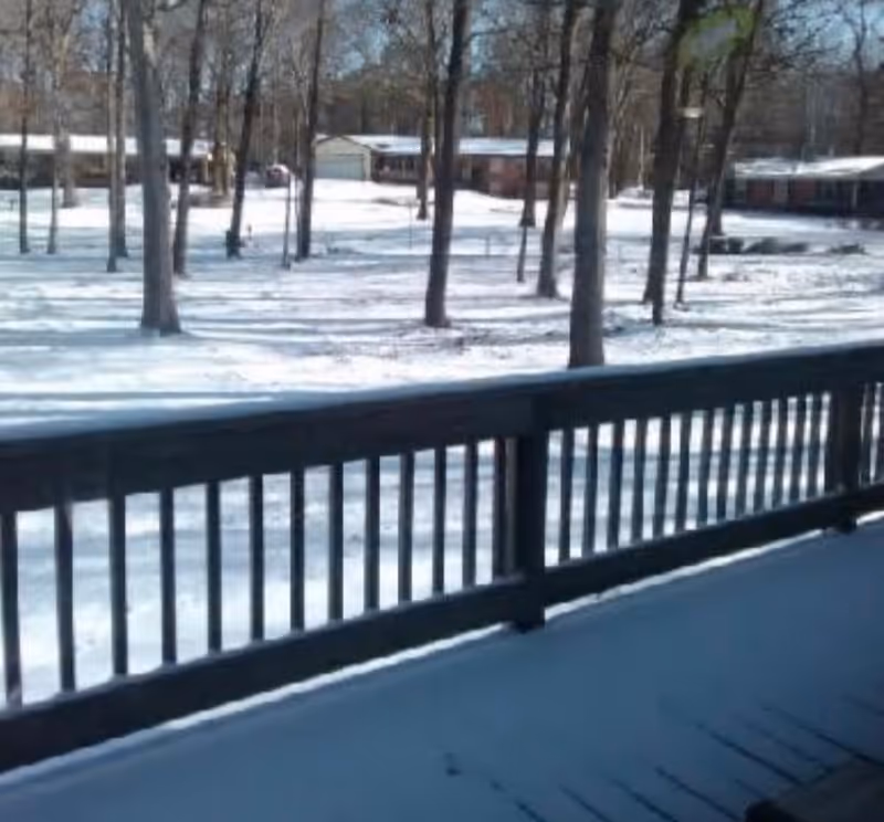 Snow-covered outdoor deck with railing and bare trees in the distance.