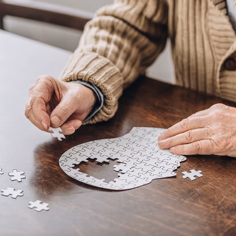 Elderly person places a puzzle piece into a brain-shaped jigsaw on a wooden table.