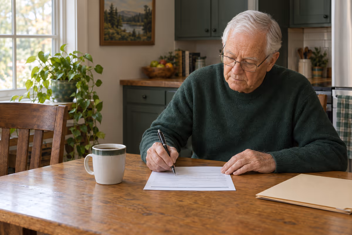 An older veteran in reading glasses fills out a form at his kitchen table