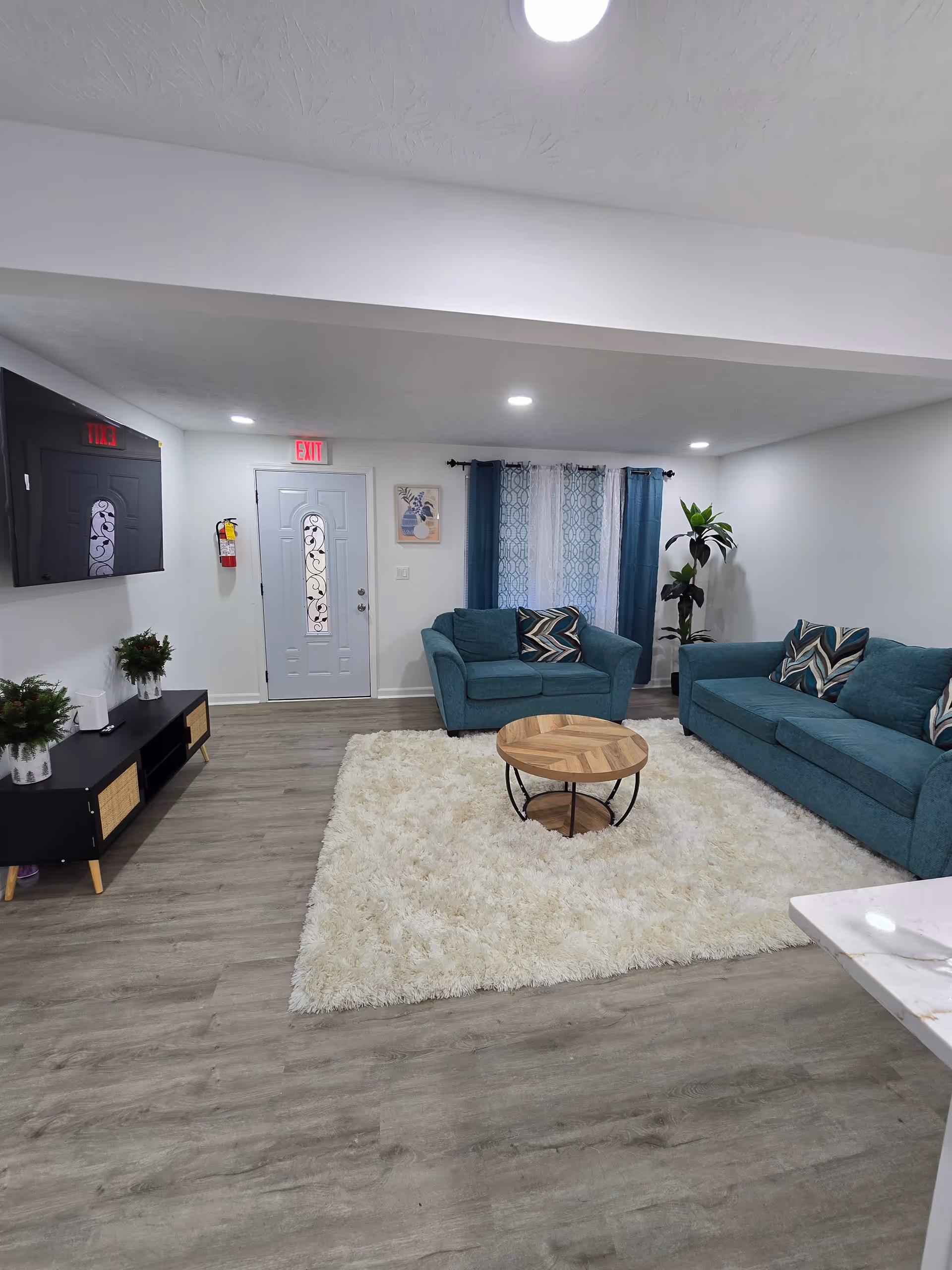 Cozy living room with teal sofas, a shag rug, coffee table, TV, plants, and curtains.