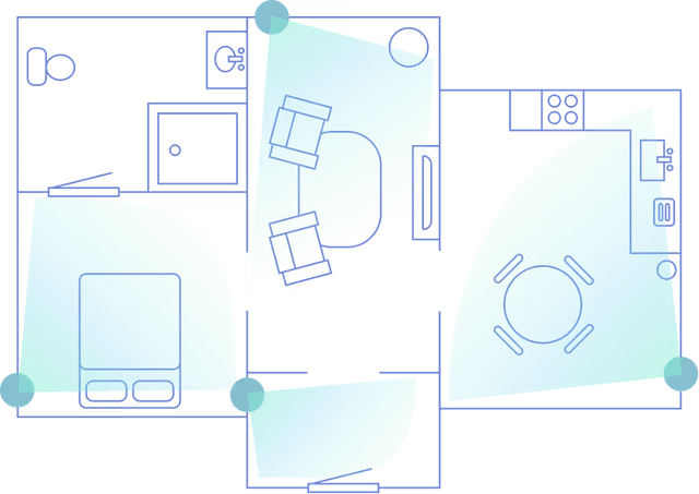 Top-down floor plan of a senior living facility showing rooms and furniture.