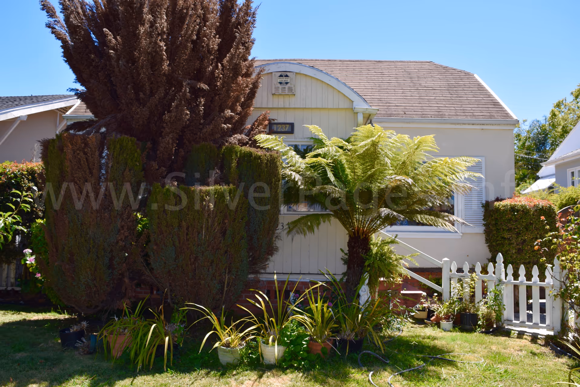 Front view of a small beige house with a white picket fence and lush garden.