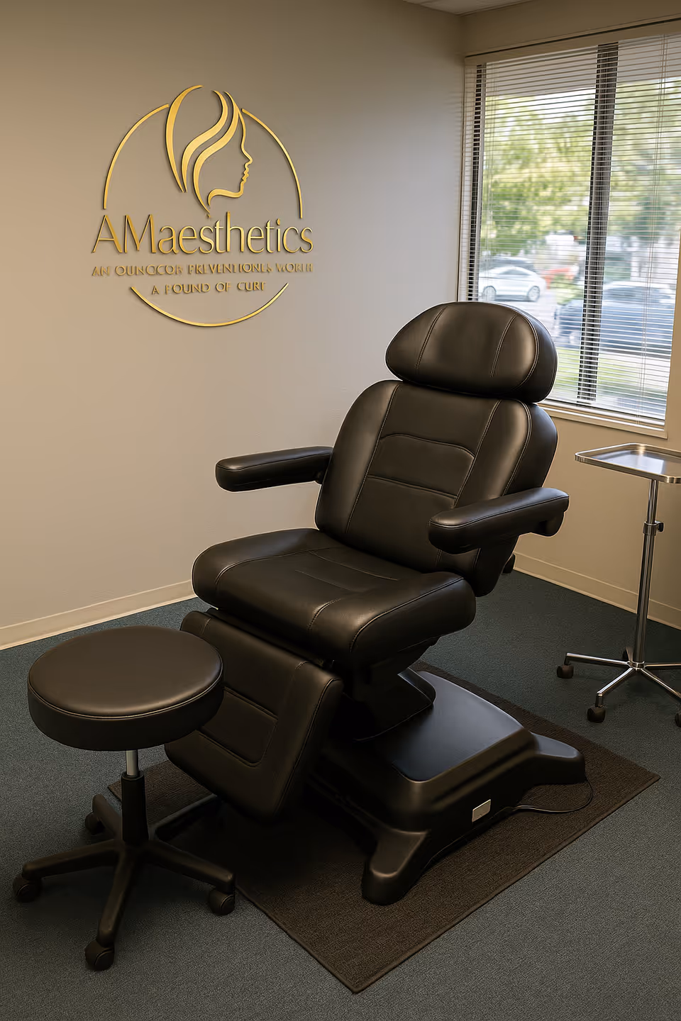 Black padded treatment chair with stool in a clinic interior beside AM Aesthetics logo