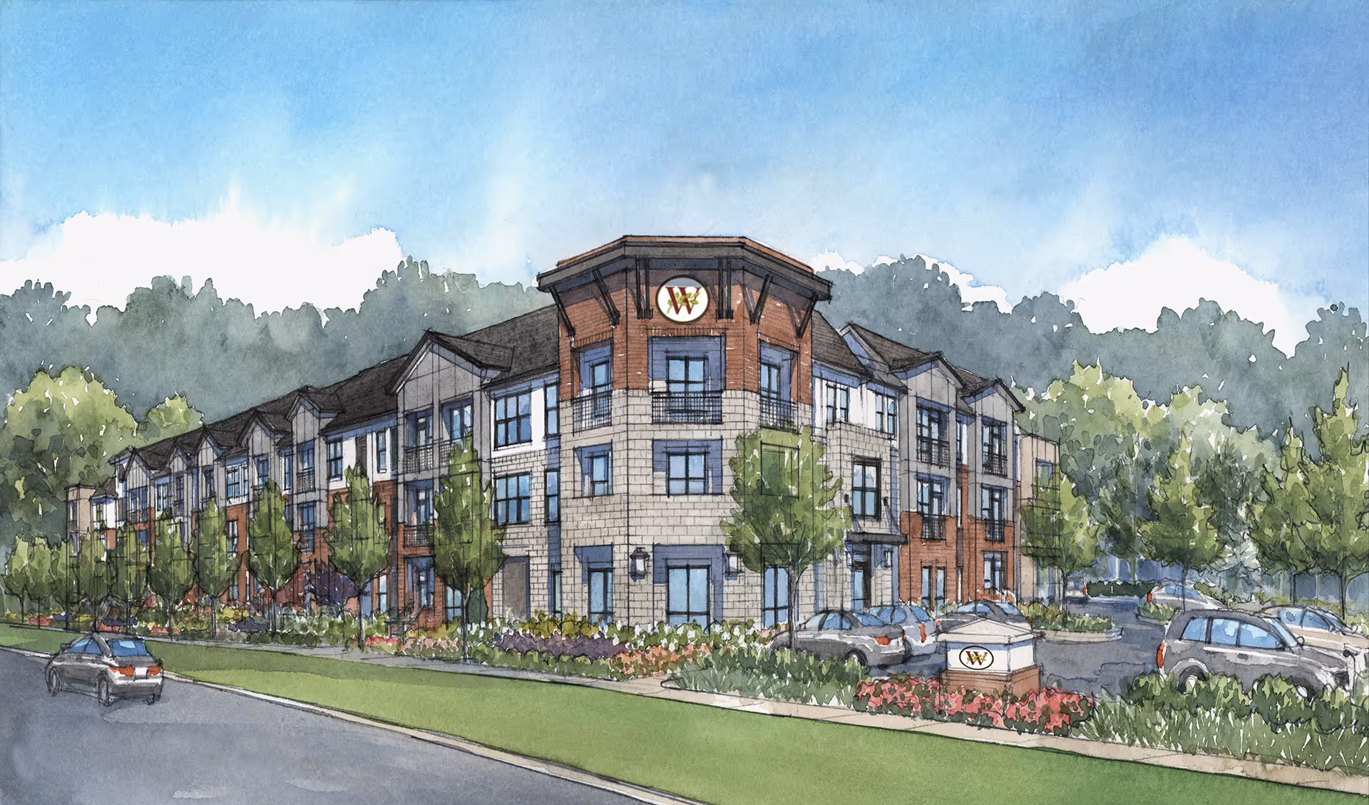 Watercolor-style rendering of a three-story senior living building with landscaped grounds, parked cars, and a 'W' logo on the front facade.