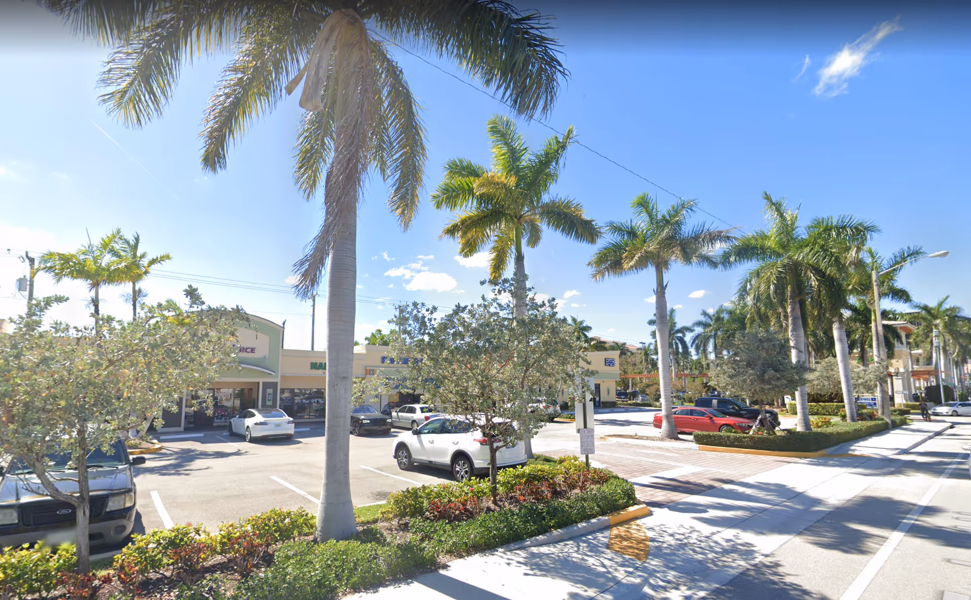 Outdoor strip mall with palm trees, storefronts, and parked cars on a sunny day.