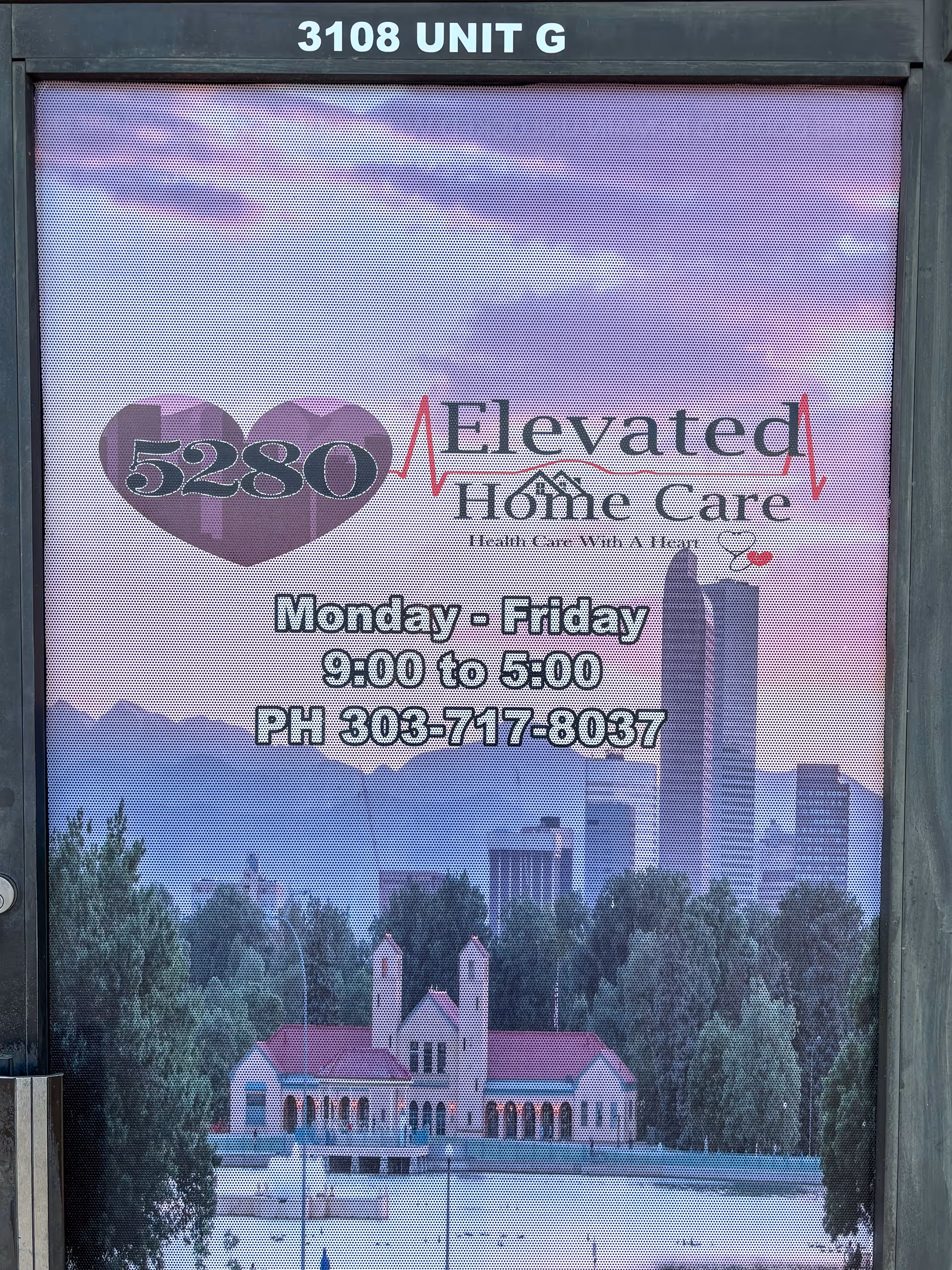 Front door poster for 5280 Elevated Home Care with city skyline background.