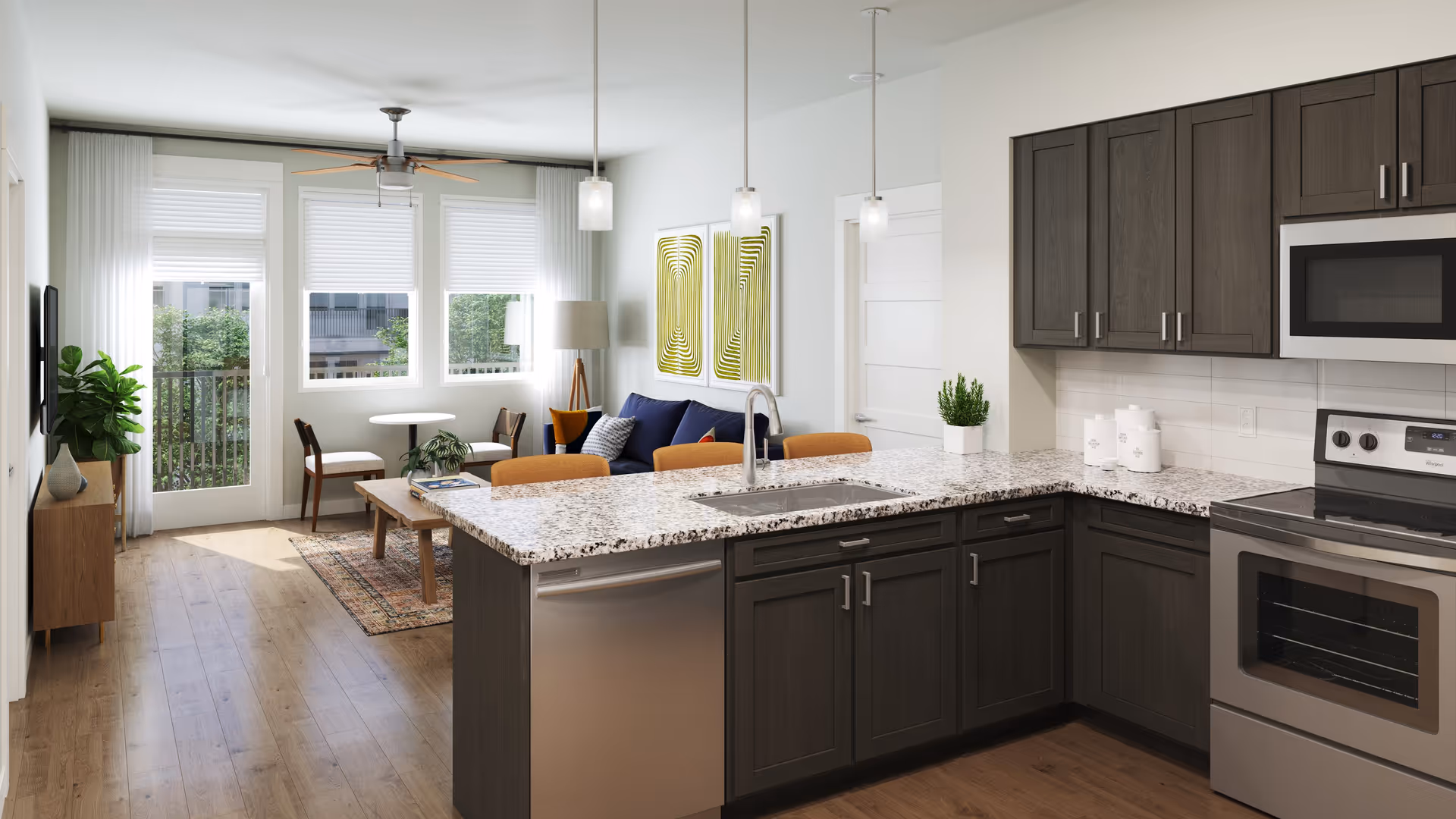 Modern open-concept kitchen and living area with dark wood cabinets, granite countertops, stainless steel appliances, a kitchen island with a sink, and three pendant lights. The living area features a blue sofa, a wooden coffee table, two chairs around a small round table, a floor lamp, and large windows with white blinds letting in natural light.