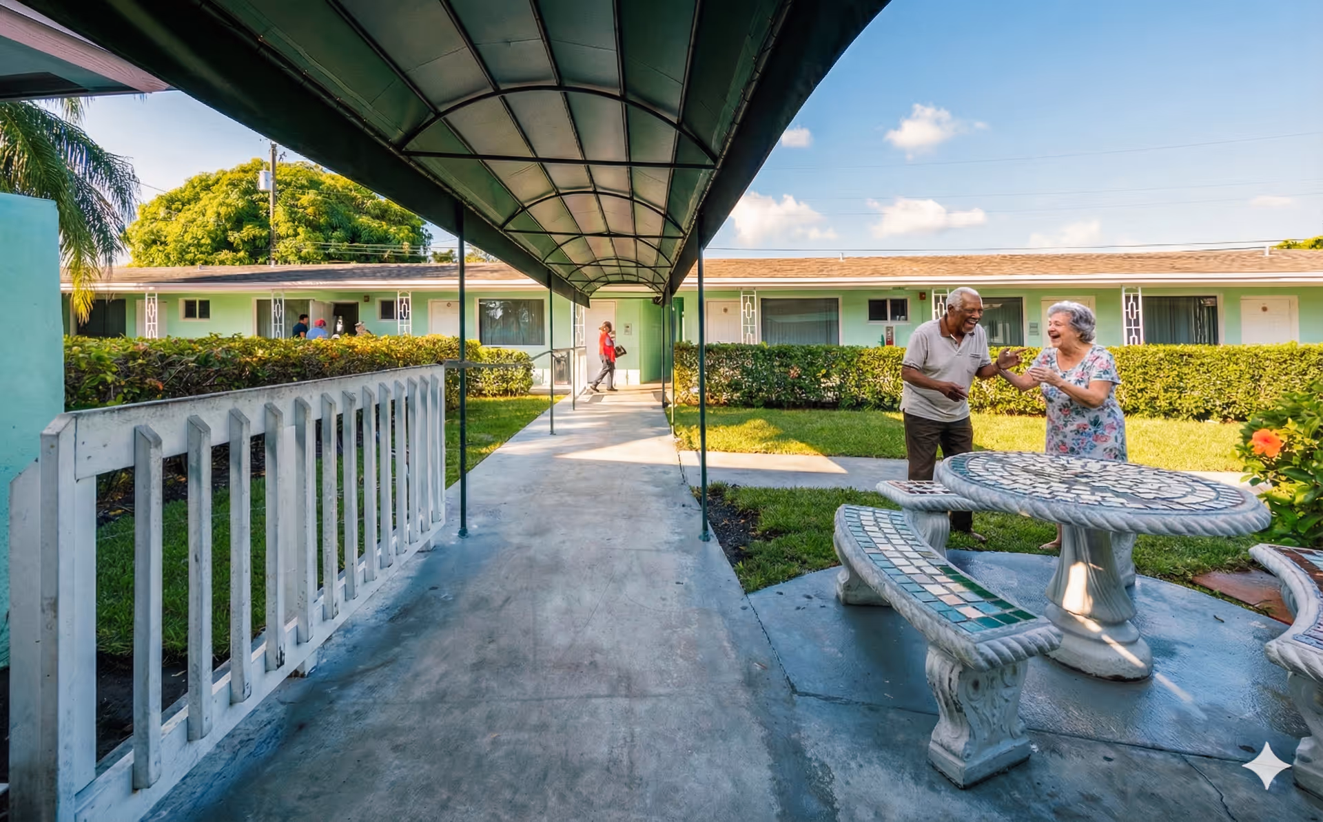 Two elderly residents chat near a round mosaic table in the shaded outdoor courtyard.