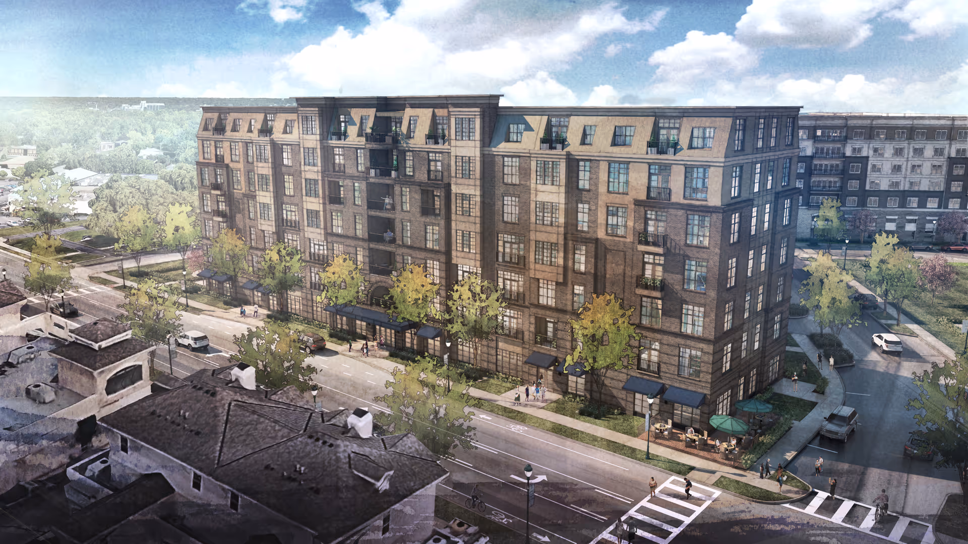Rendering of a Coventry senior living building viewed from the street.