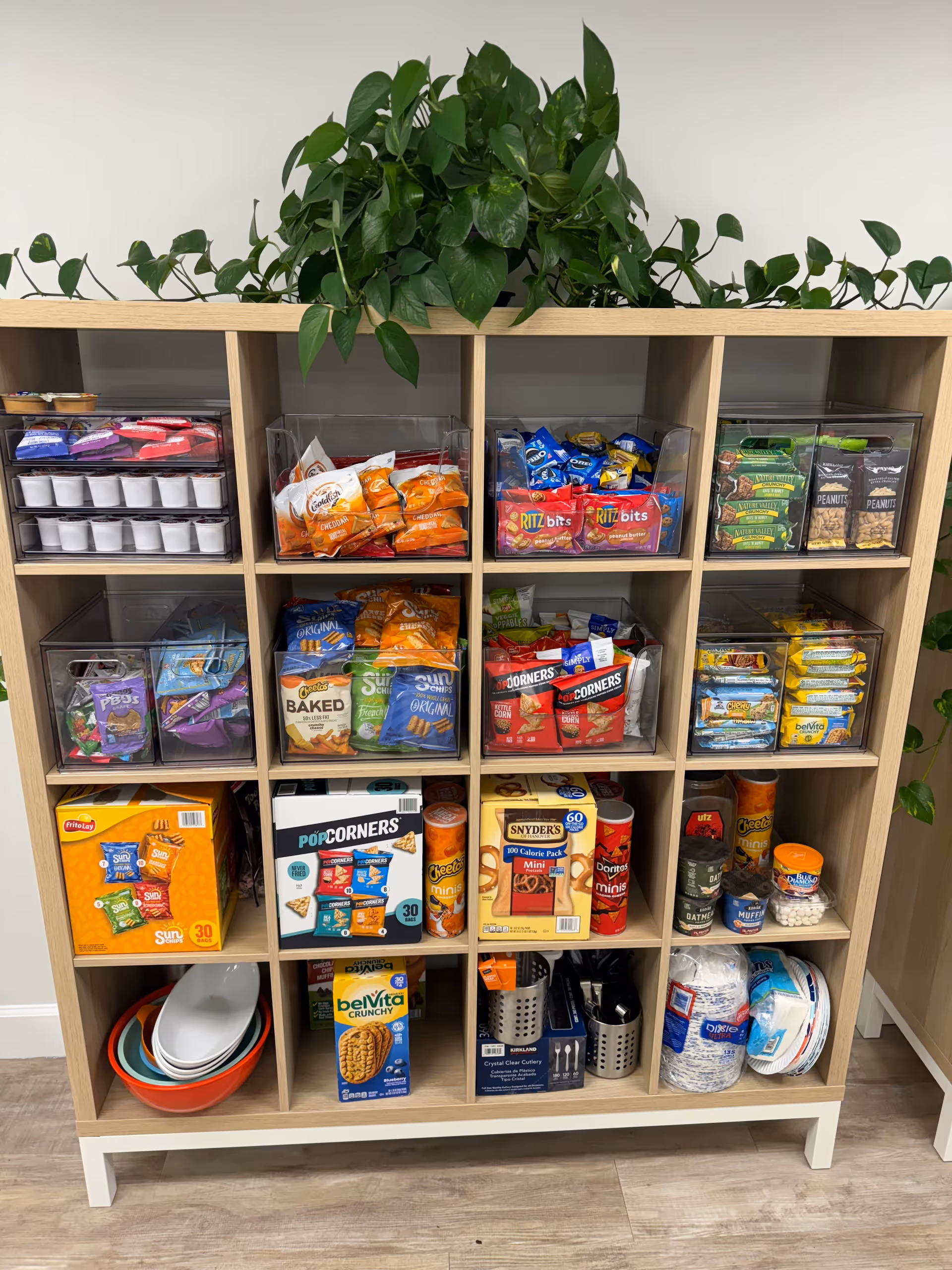 Wooden cubby shelving filled with snacks and a large potted plant on top.
