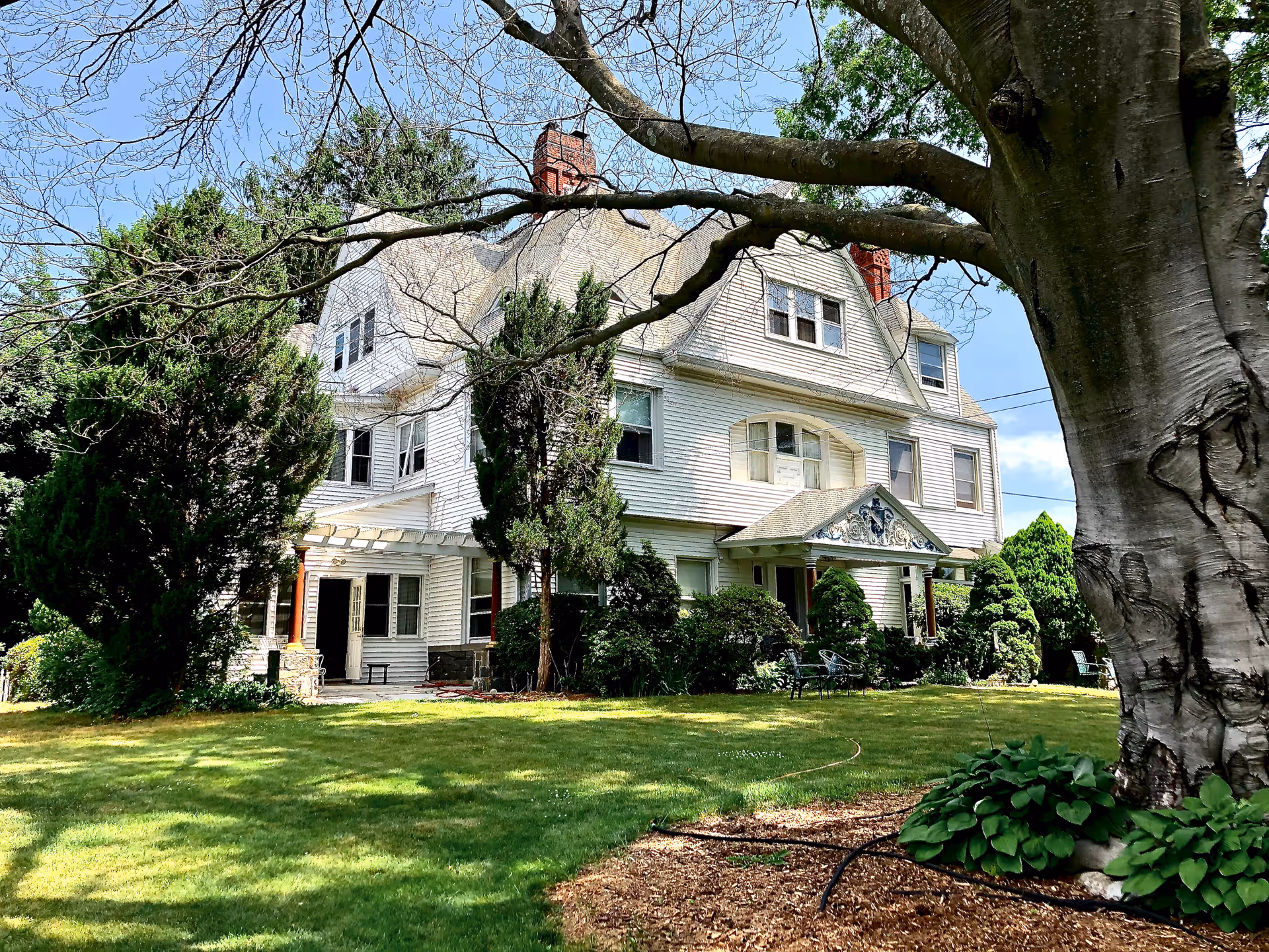 White multi-story senior living house with a large tree and well-kept lawn