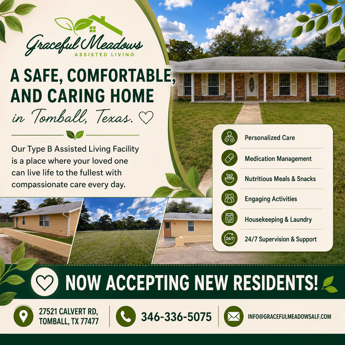 Exterior view of Graceful Meadows Assisted Living with large promotional sign and building.