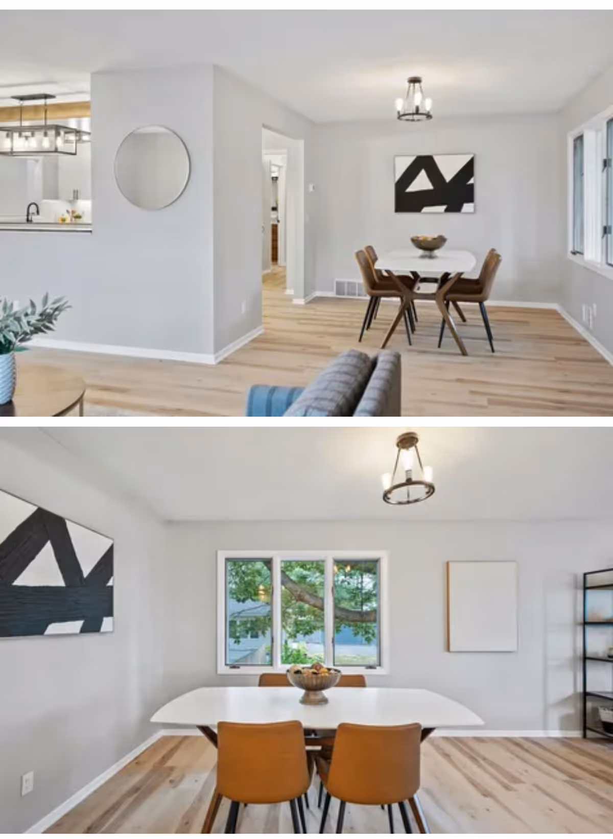 Bright open living and dining area featuring a white dining table, brown chairs, and modern decor.