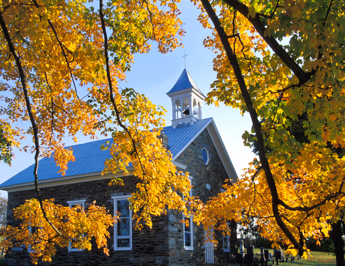 Stone building with blue roof framed by vibrant autumn yellow leaves.