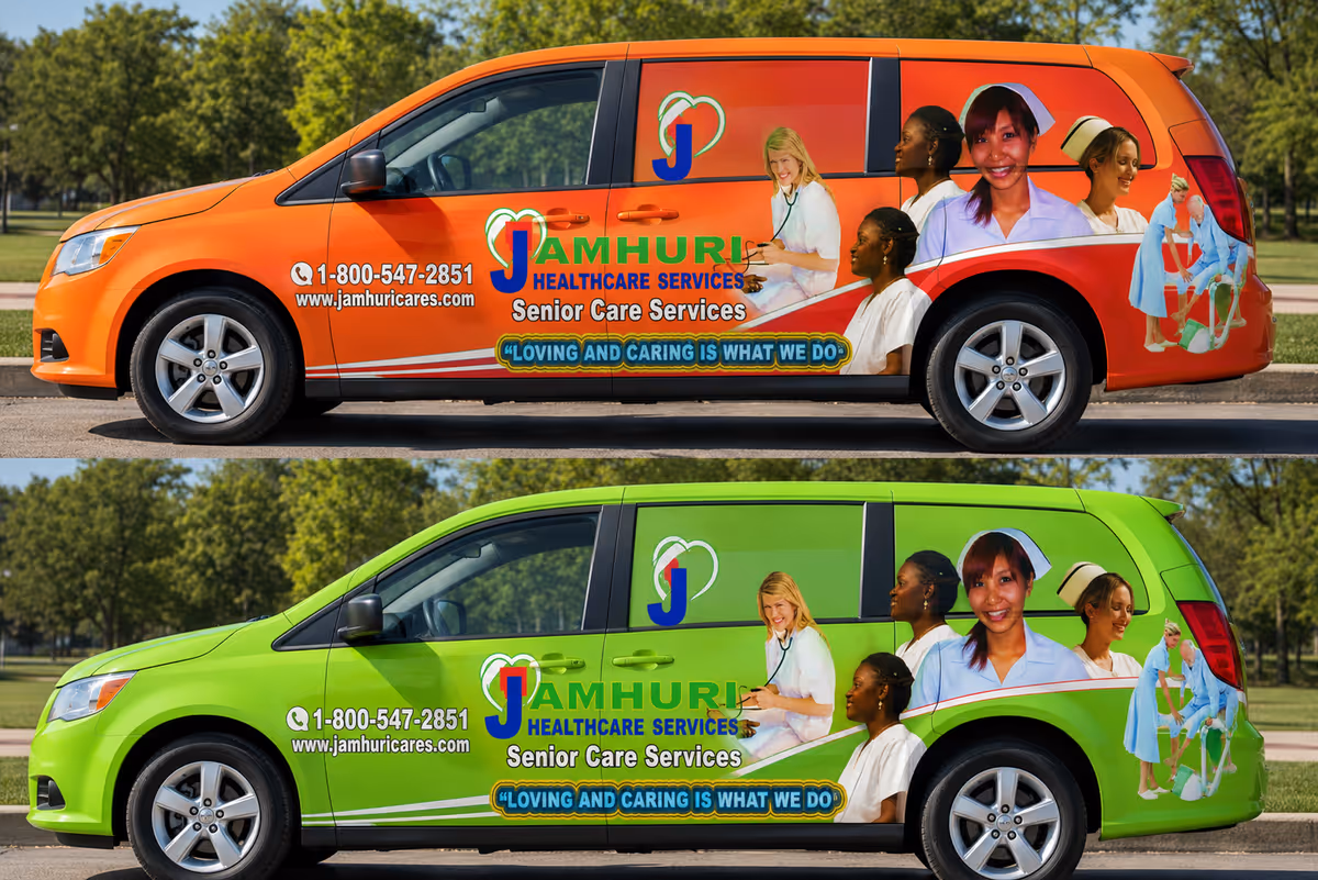 Two colorful branded vans with Jamhuri Healthcare Services parked on a tree-lined road
