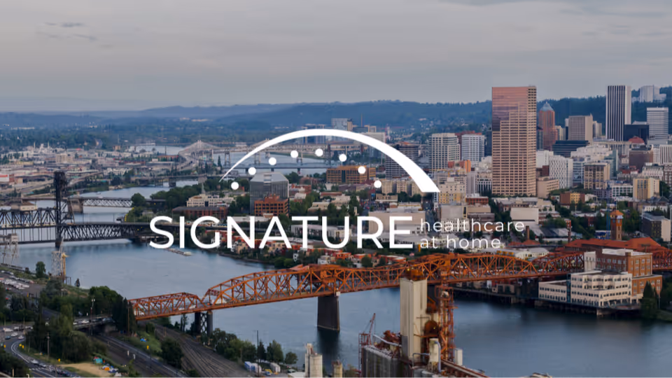 City skyline by a river with bridges, overlaid by a Signature healthcare watermark.
