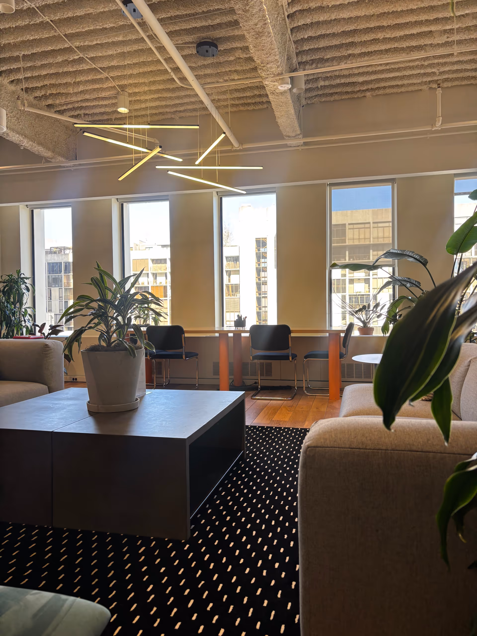 Modern senior living lounge with plants, seating, a coffee table, and tall windows.