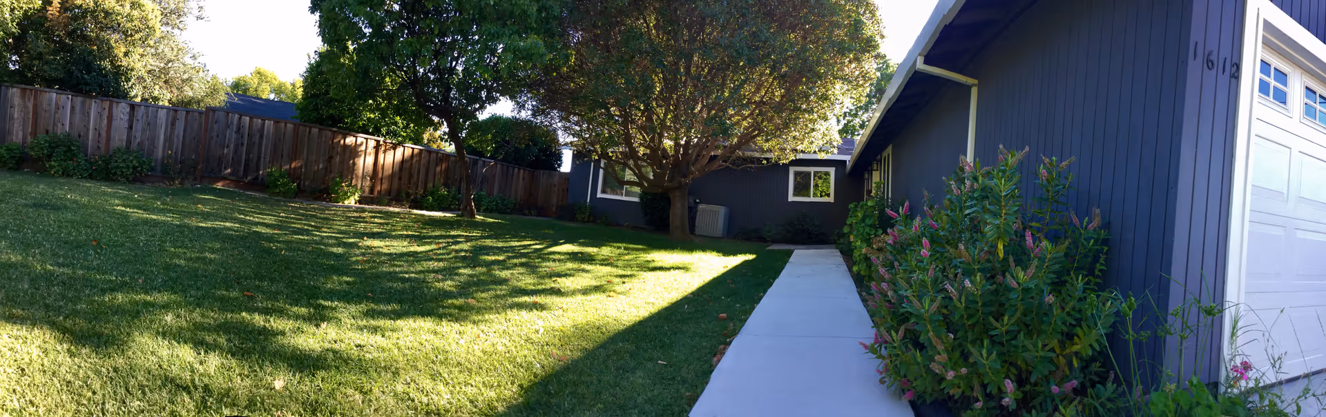 Sunlit grassy yard with a concrete walkway leading past a tree to a gray house and garage.