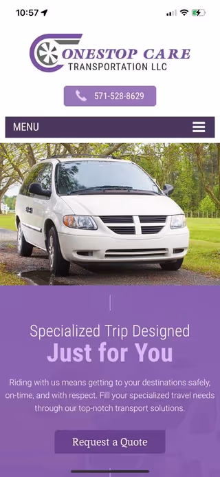 White passenger van parked outdoors beneath a purple Onestop Care Transportation header.