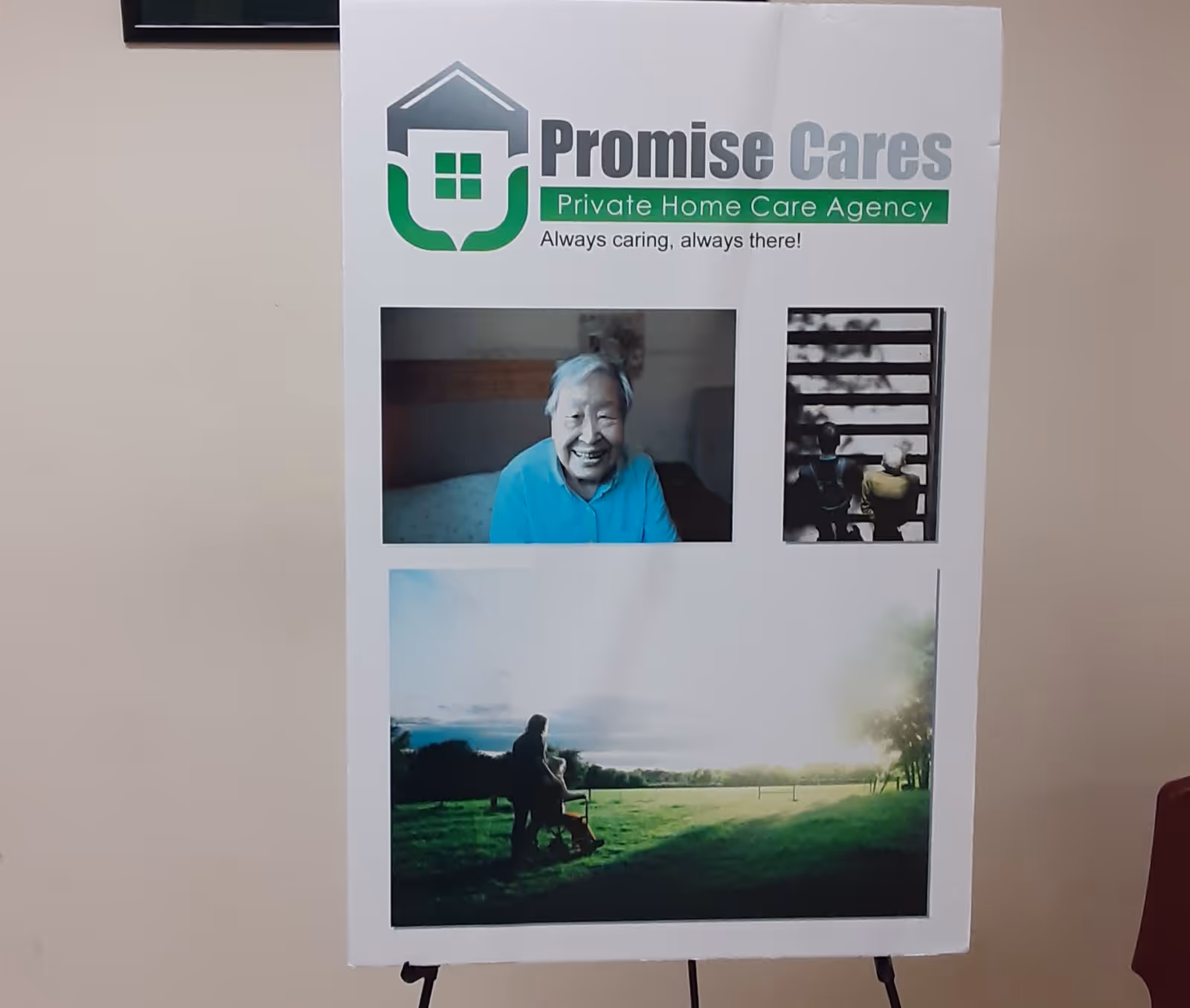 Poster board on an easel displaying Promise Cares branding and photos.