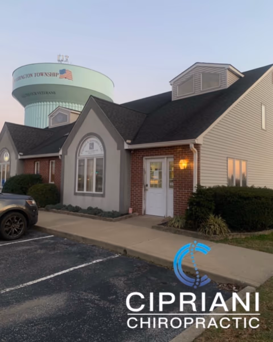 Exterior view of a single-story building with Cipriani Chiropractic sign by parking lot.