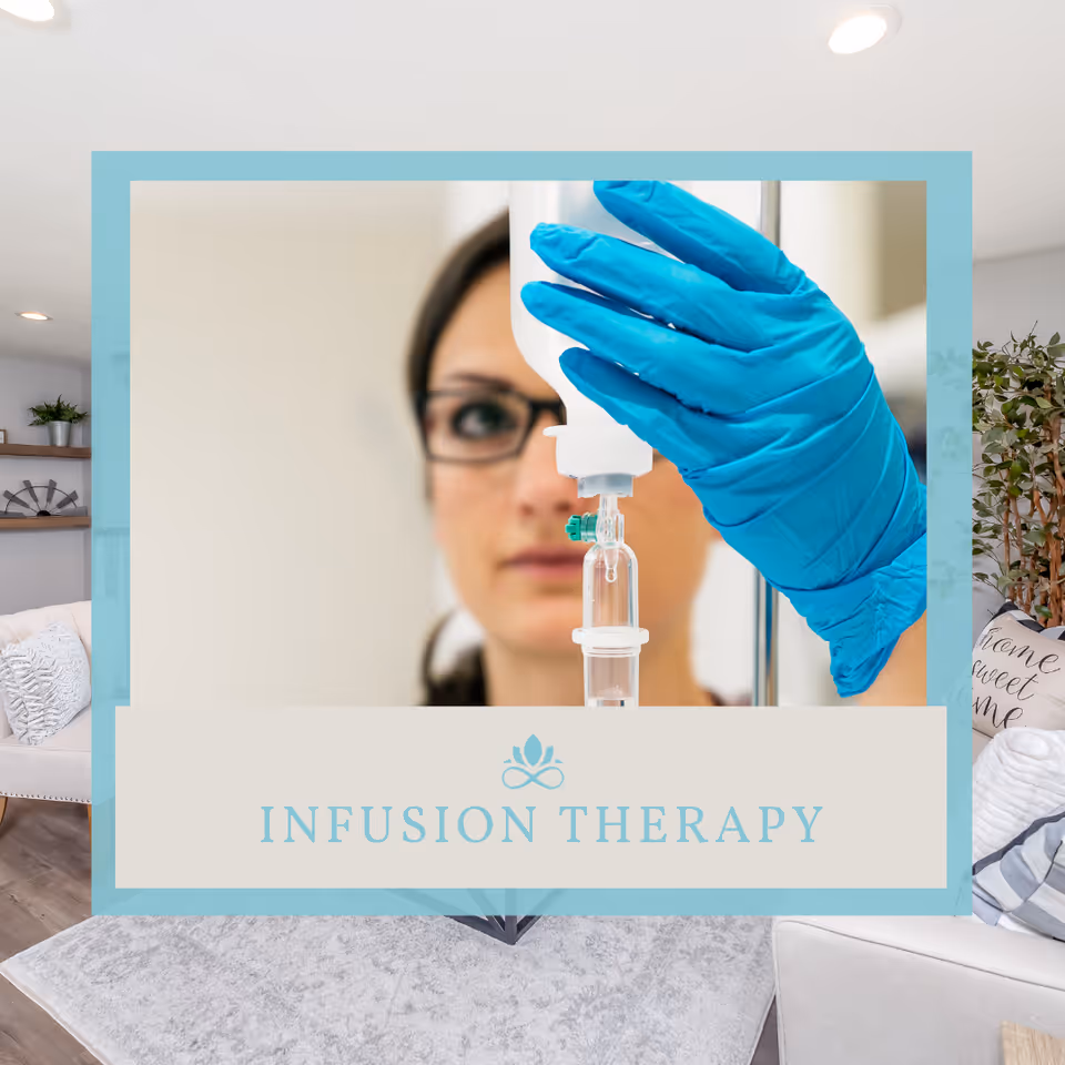 Close-up of a gloved hand attaching an IV line in a cozy living room.