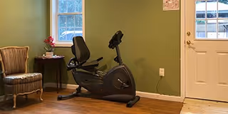 A room with green walls featuring a stationary exercise bike positioned near a window and a white door. There is a small wooden side table with a potted plant and a striped upholstered armchair next to it. The floor is wooden.