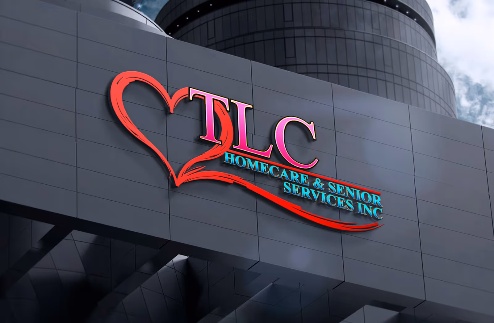 Modern building exterior featuring TLC Homecare and Senior Services sign and logo