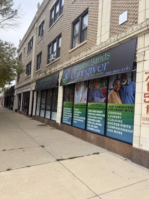 Front view of a storefront with Blessing Hands caregiver signage and windows.