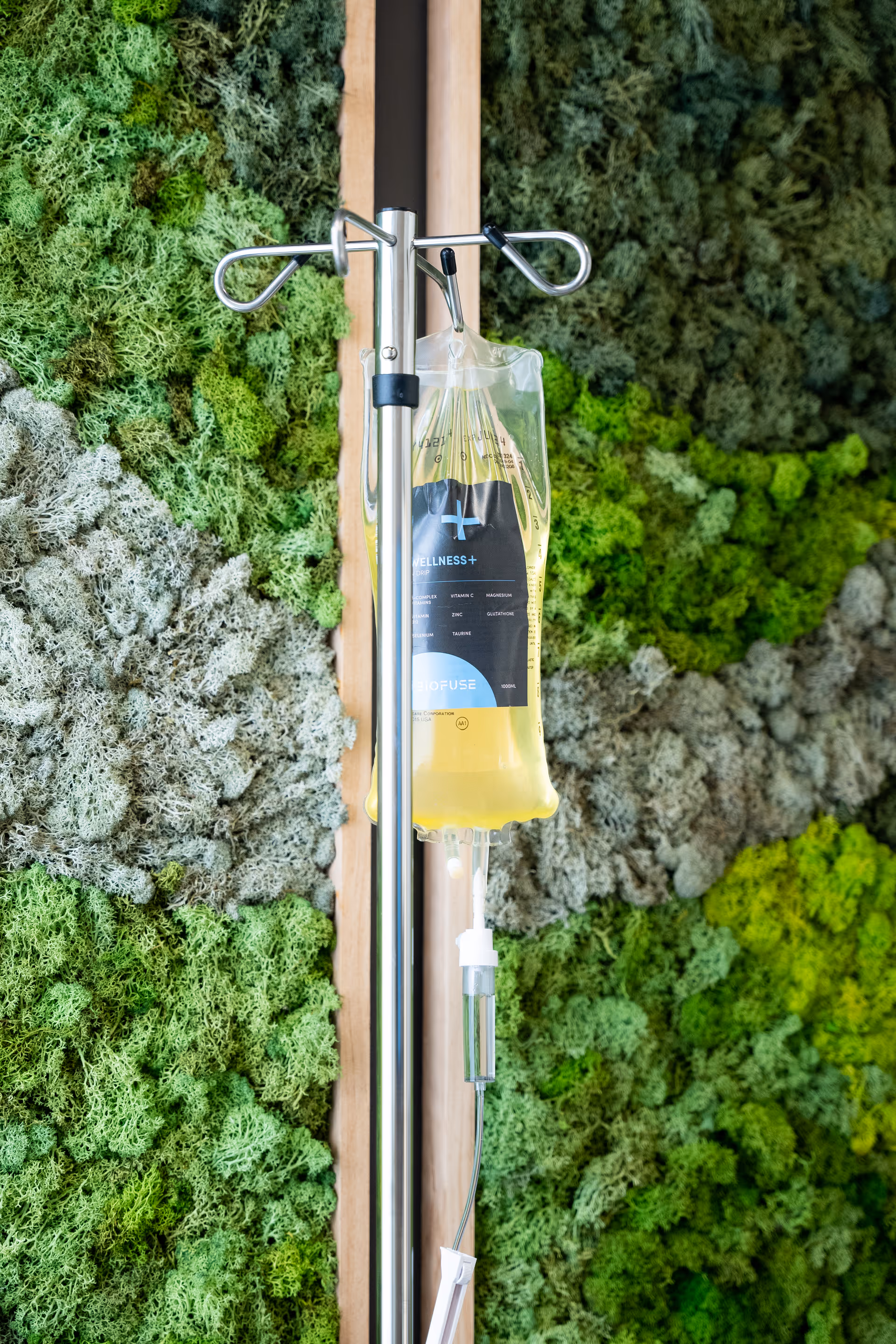 IV drip bag on a stand before a green moss wall.