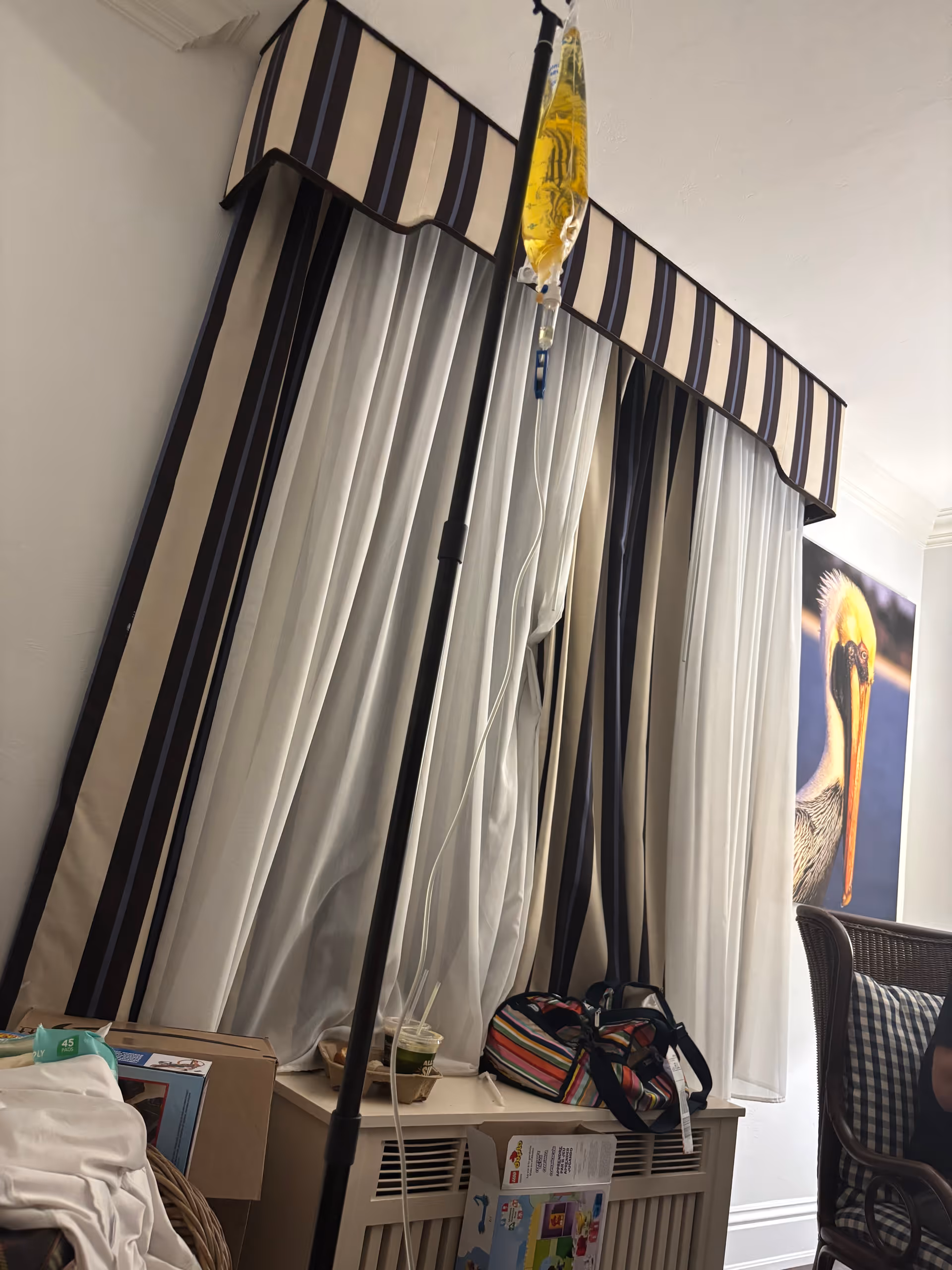 IV pole beside striped canopy bed with curtains in a bright senior living interior.