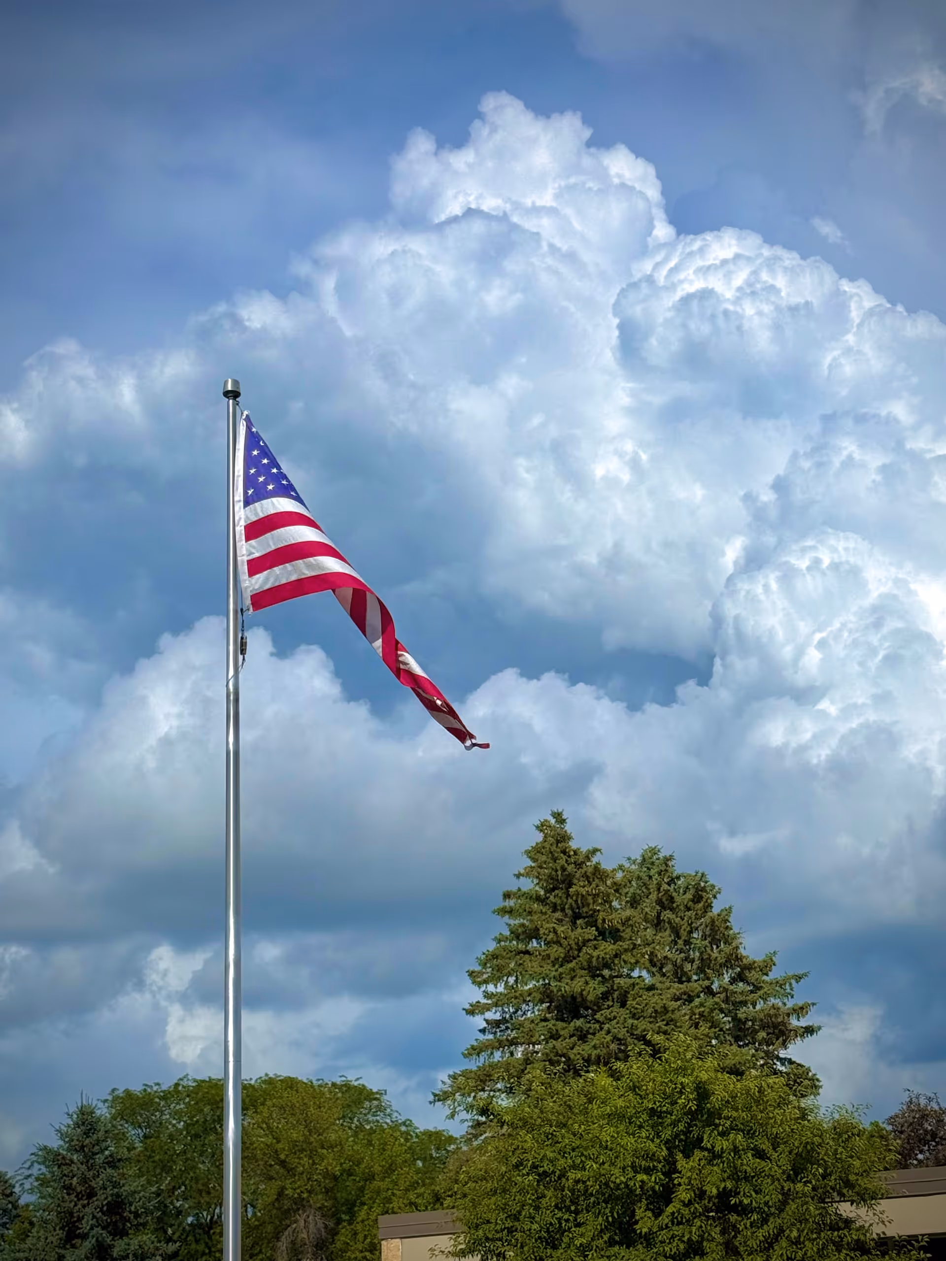 American flag waving on a tall pole with cloudy sky and trees behind