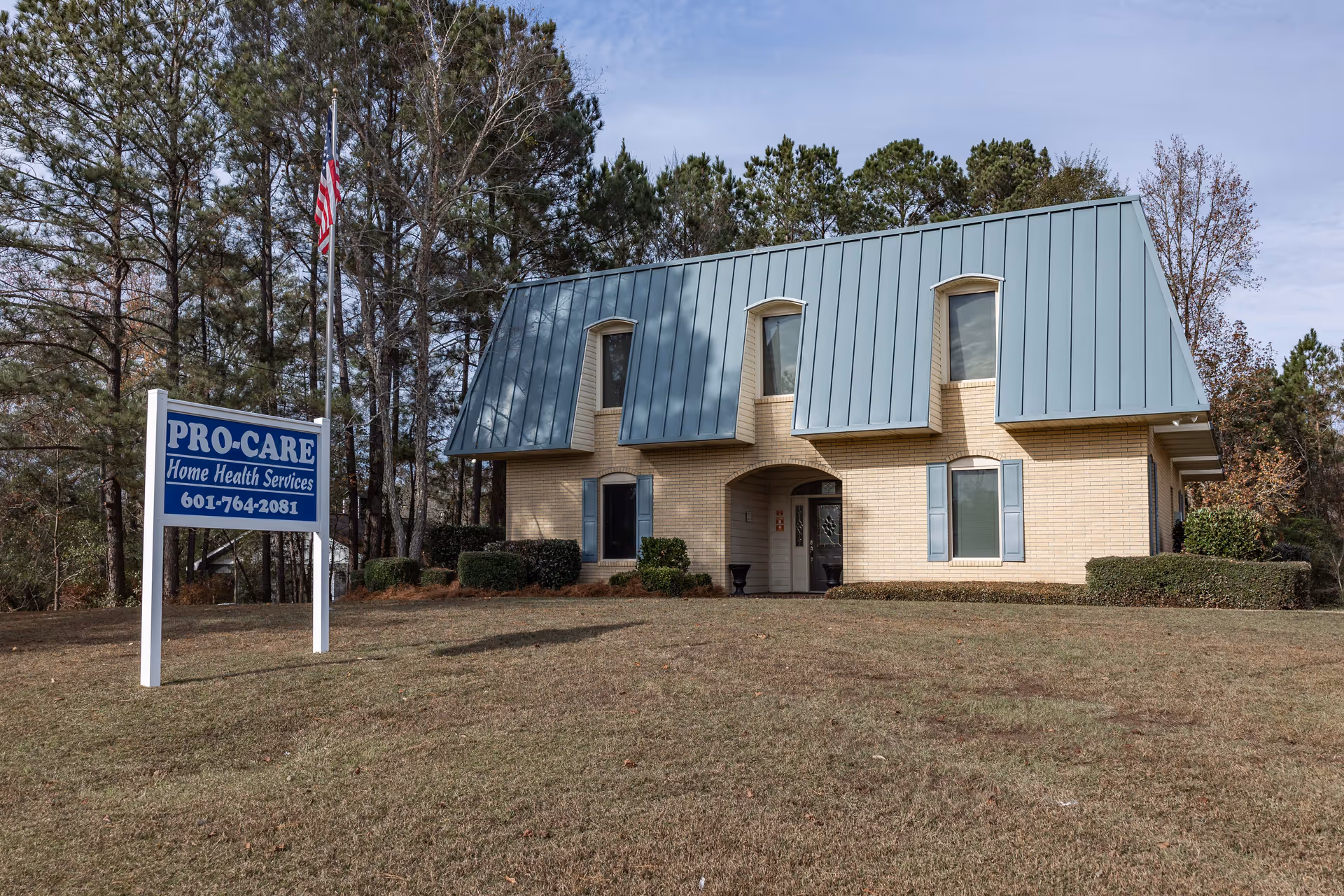 Brick building with a large blue metal roof and a Pro-Care sign in the yard.