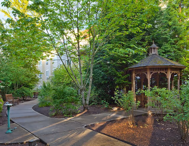 A peaceful outdoor garden area with a paved walkway, green trees, shrubs, a wooden gazebo, and a bench. The side of a building is visible in the background.