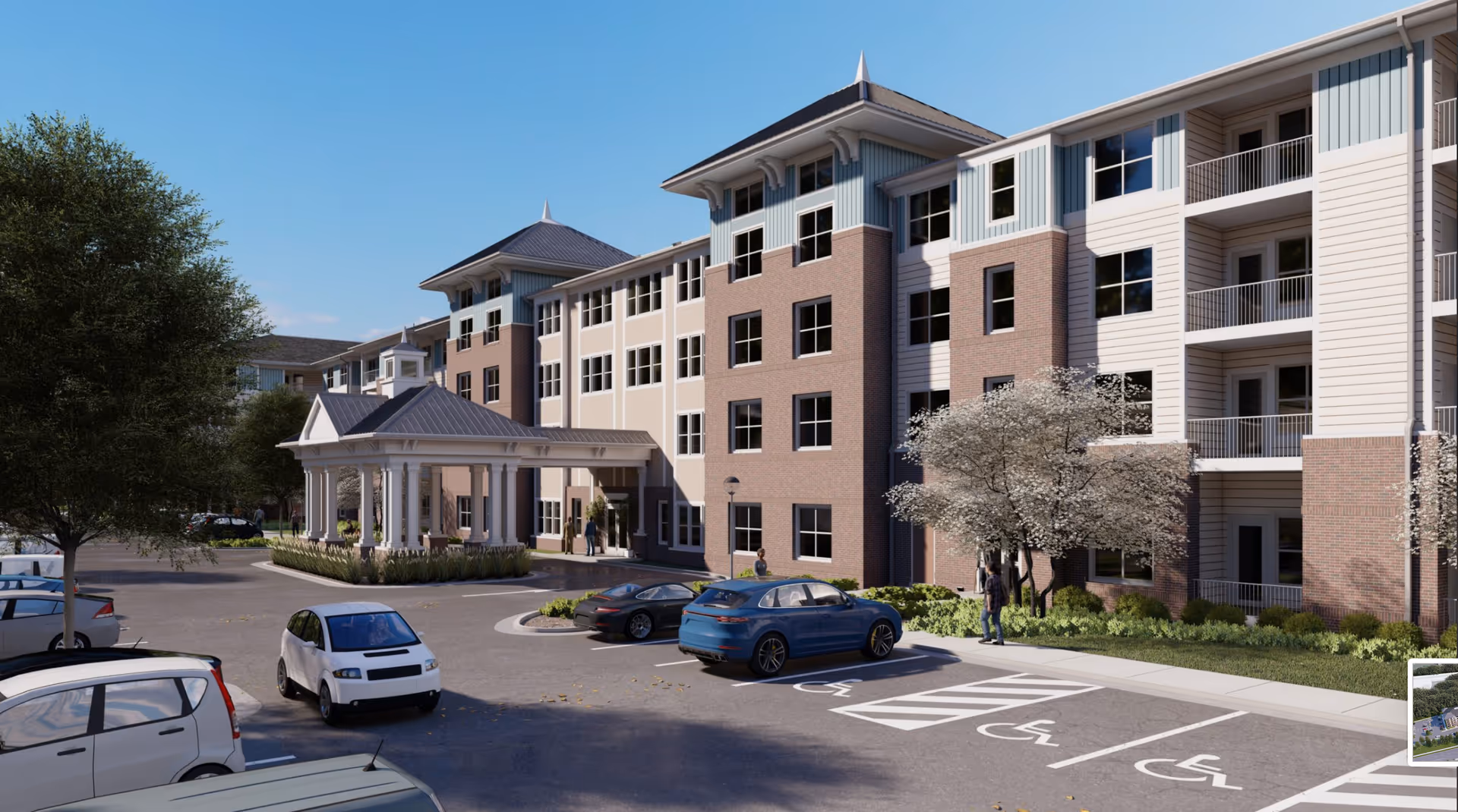 Exterior view of a multi-story senior living facility named Acclaim at Cary Pointe, featuring a covered entrance, several parked cars including handicapped parking spaces, trees, and landscaped greenery under a clear blue sky.