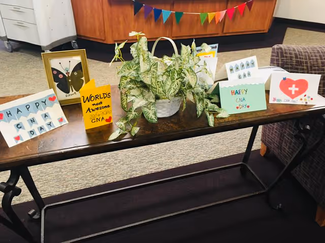 A wooden table with a potted green and white plant in the center, surrounded by handmade cards celebrating CNA Day. The cards have colorful decorations and messages like 'Happy CNA Day' and 'World's most awesome CNA'. In the background, there is a wooden cabinet with a colorful triangular pennant banner hanging above it.