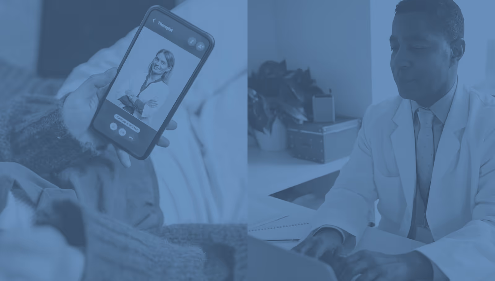 Person holds smartphone showing doctor on a video call; clinician seated at a desk.